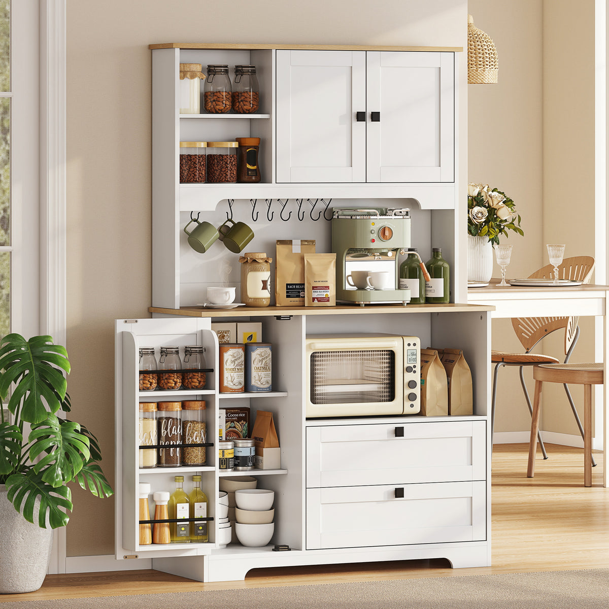 HOMCOM Kitchen Sideboard with 3 Cabinets, 2 Drawers, Adjustable Shelves and Spice Rack, 100x40x62 cm, White