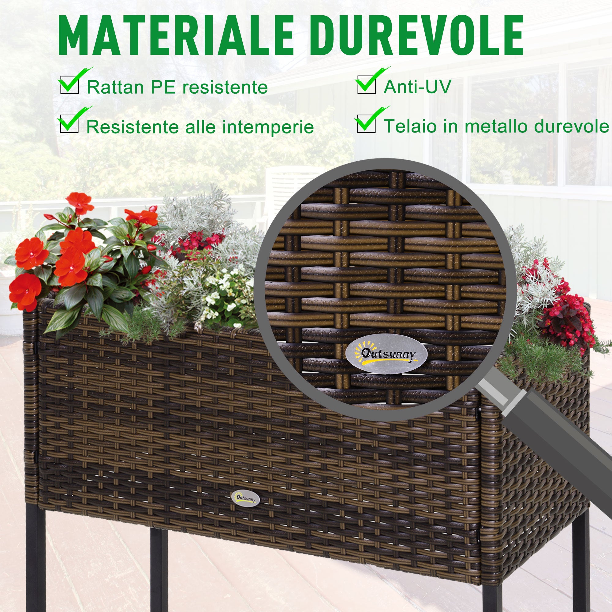 Outsunny Raised Garden Bed, Wicker-Effect Planter with Shelf, Raised Garden Bed for Indoor and Outdoor Use, Brown (70cm x 30cm x 70cm)