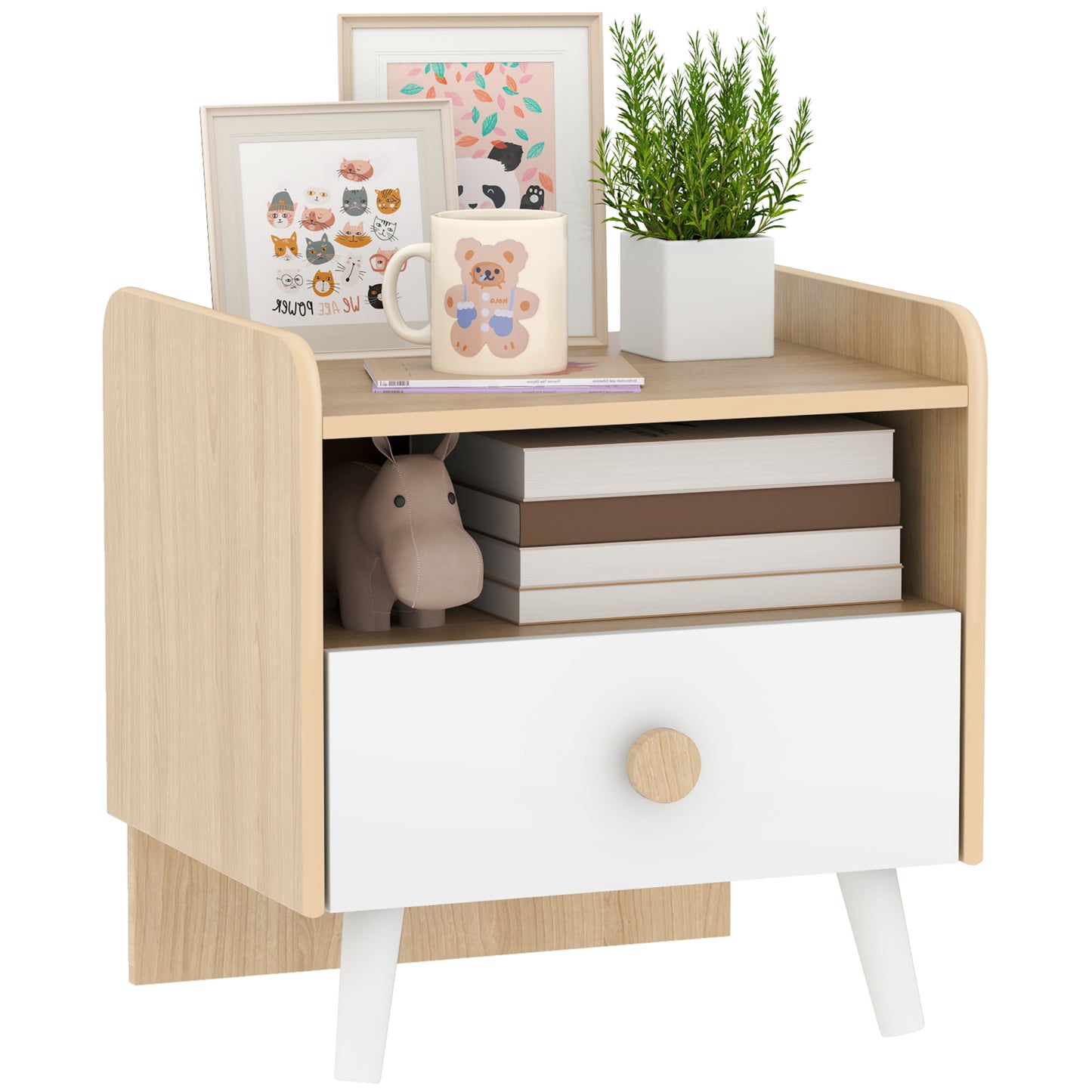 Bedside Table with Drawer for Children 3-10 Years Old in Wood and Pine Wood, 40x32.5x40 cm, White