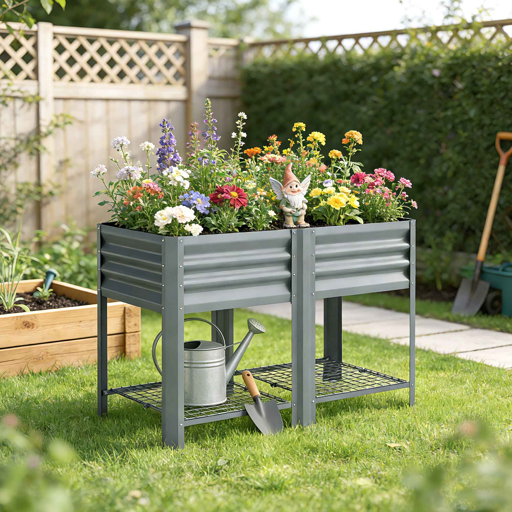 Outsunny Raised Planter with Storage Shelf, 150L, Galvanized Steel, Height 80 cm, for Garden or Outdoor Patio