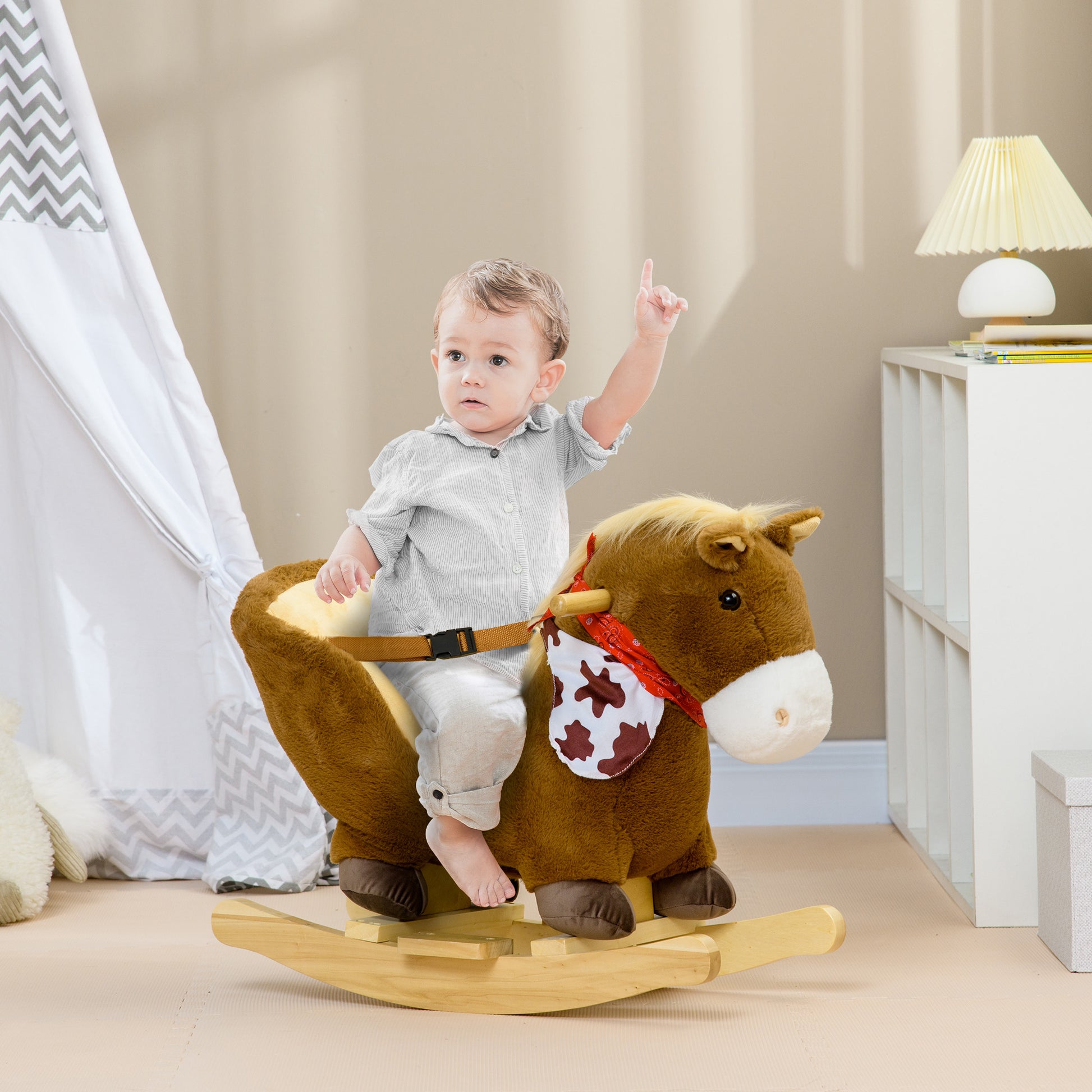 Rocking Horse for Children 18-36 Months with Realistic Sounds, 60x33x50 cm, Brown and Beige Colour - Borgè