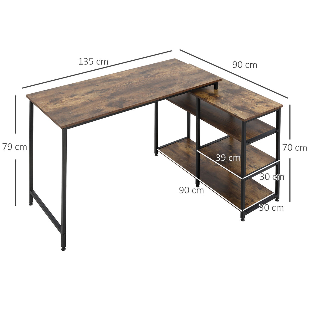 Industrial Corner Desk with 3-Tier Bookshelf, 135 x 90 x 79 cm, Brown and Black