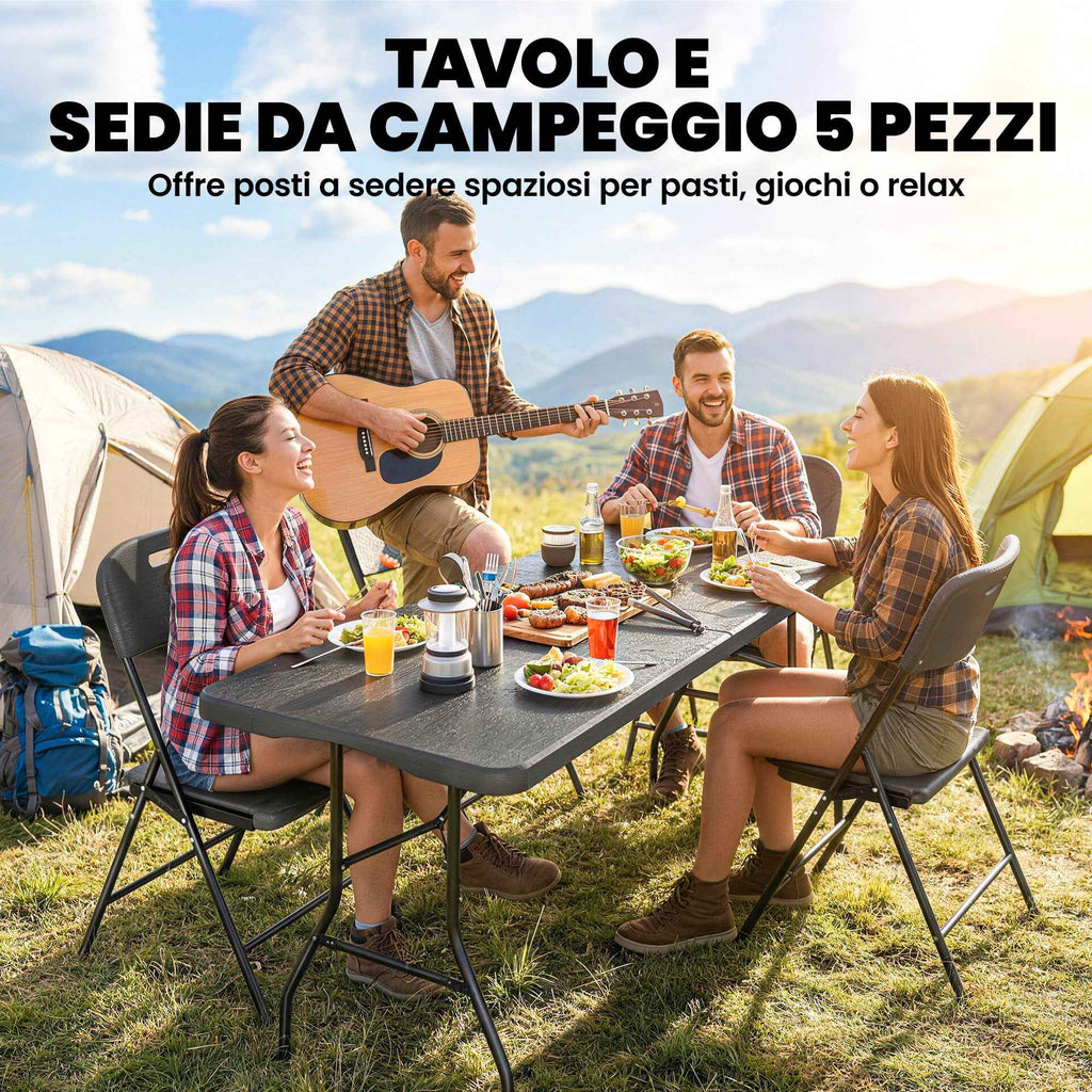 Outsunny 5-Piece Camping Table and Chair Set with Folding Table and 4 Chairs, in HDPE and Black Metal