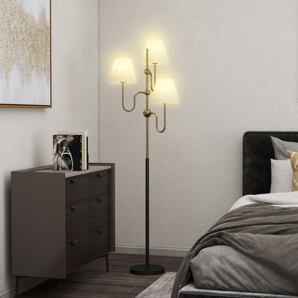 165cm High Floor Lamp with 3 Light Points and Foot Switch, E27 Socket Max 40W, Gold