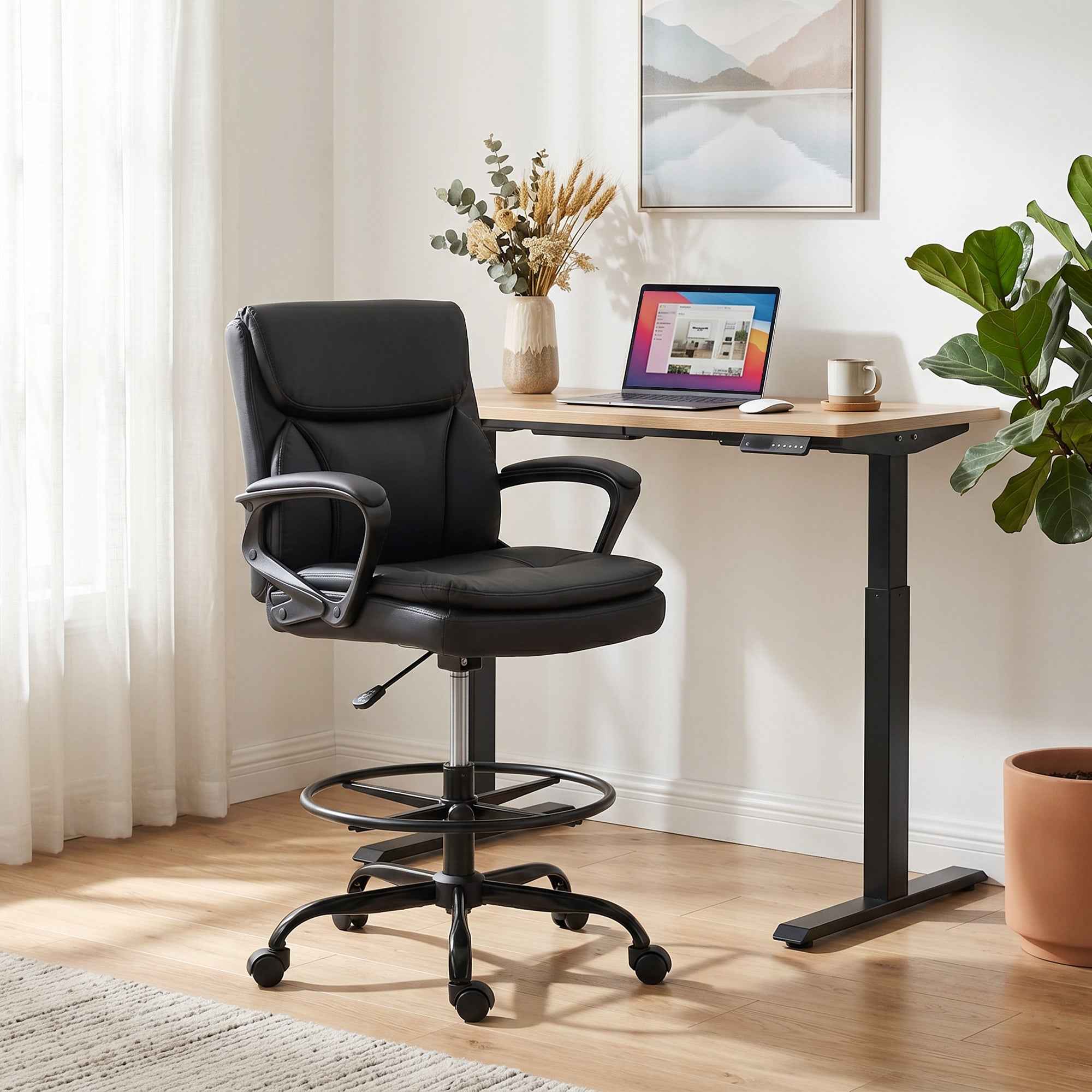 HOMCOM Swivel Office Chair in Faux Leather, Height-Adjustable, High Back, Armrests, for Study, Black