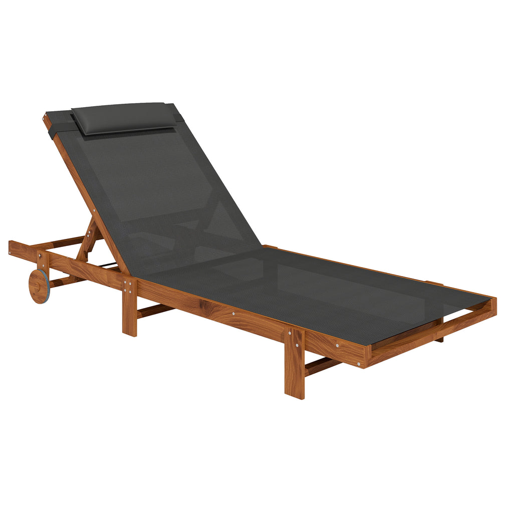 Sun Lounger with 4-Position Adjustable Backrest, Wheels and Headrest, Black