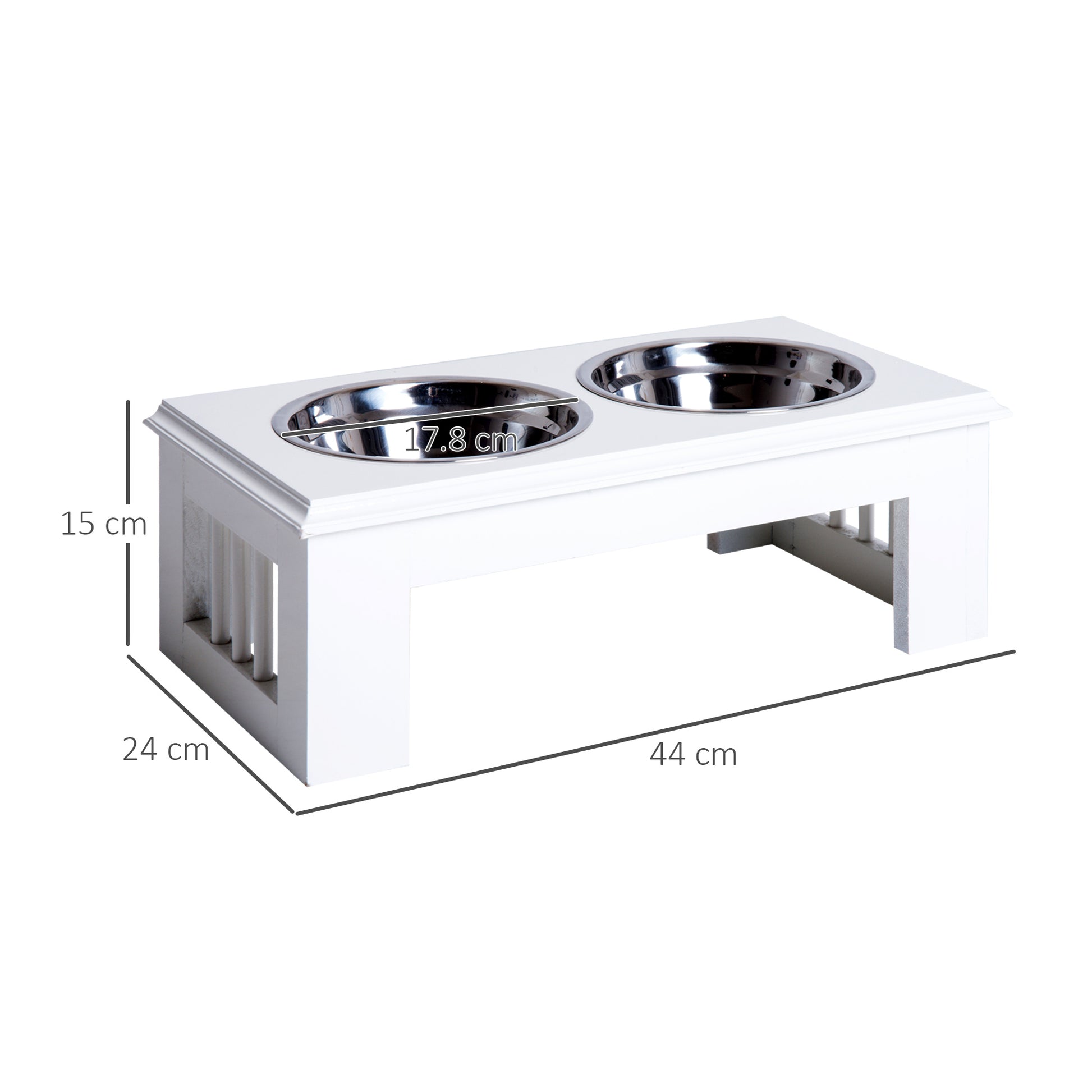 Pawhut Stainless Steel Raised Dog Bowl, MDF Wooden Base, with 2 Plates, 44x24x15cm - Borgè