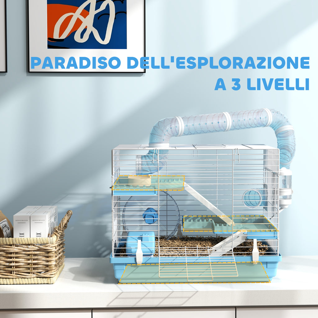 3-Story Hamster Cage with House, Wheel, Food Bowl, Bottle and Tubes, Light Blue