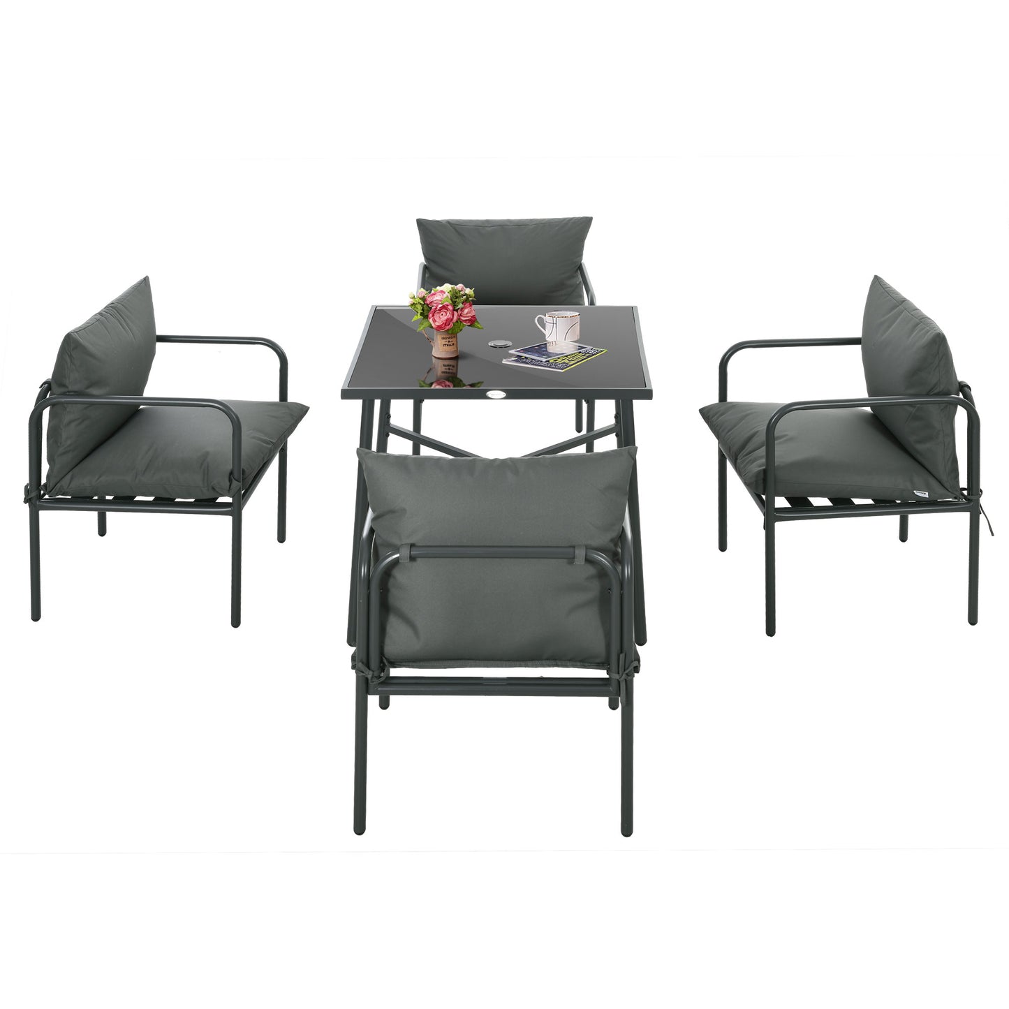 5 Piece Garden Set in Steel with 4 Chairs 58x58x66 cm and Table 80x80x71 cm with Central Hole, Gray - Borgè