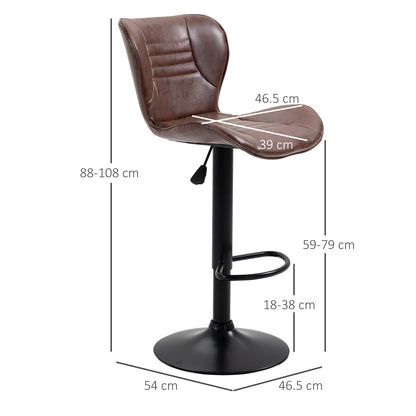 Set of 2 Faux Leather Bar Stools with Adjustable Height, Swivel Seat and Footrest, Brown