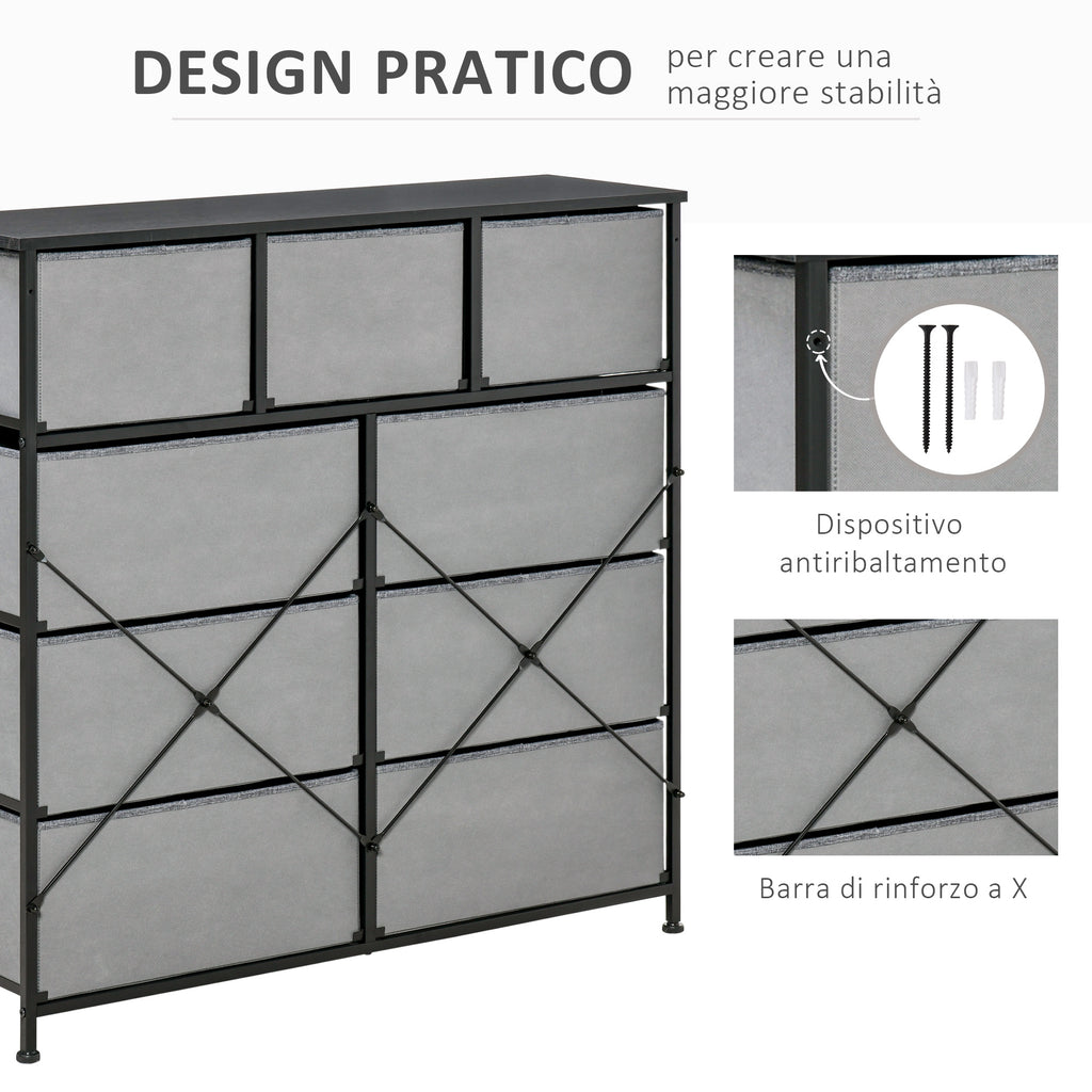 Chest of Drawers with 9 Folding Fabric Drawers and Steel and Wood Frame, 100x30x100cm, Black and Grey