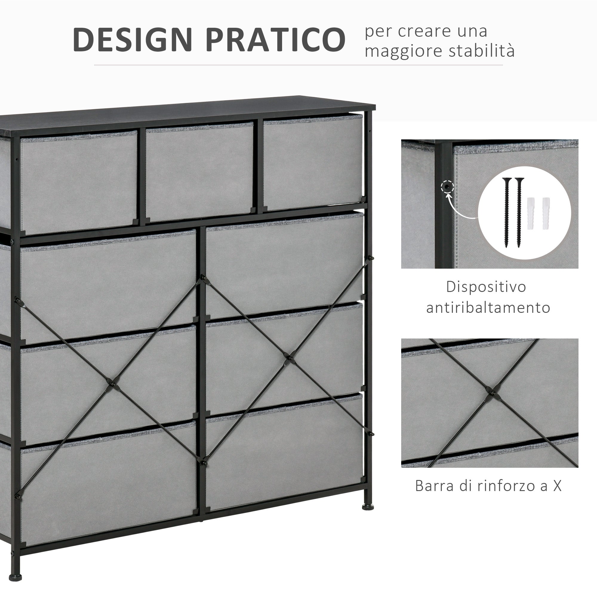 Chest of Drawers with 9 Folding Fabric Drawers and Steel and Wood Frame, 100x30x100cm, Black and Grey