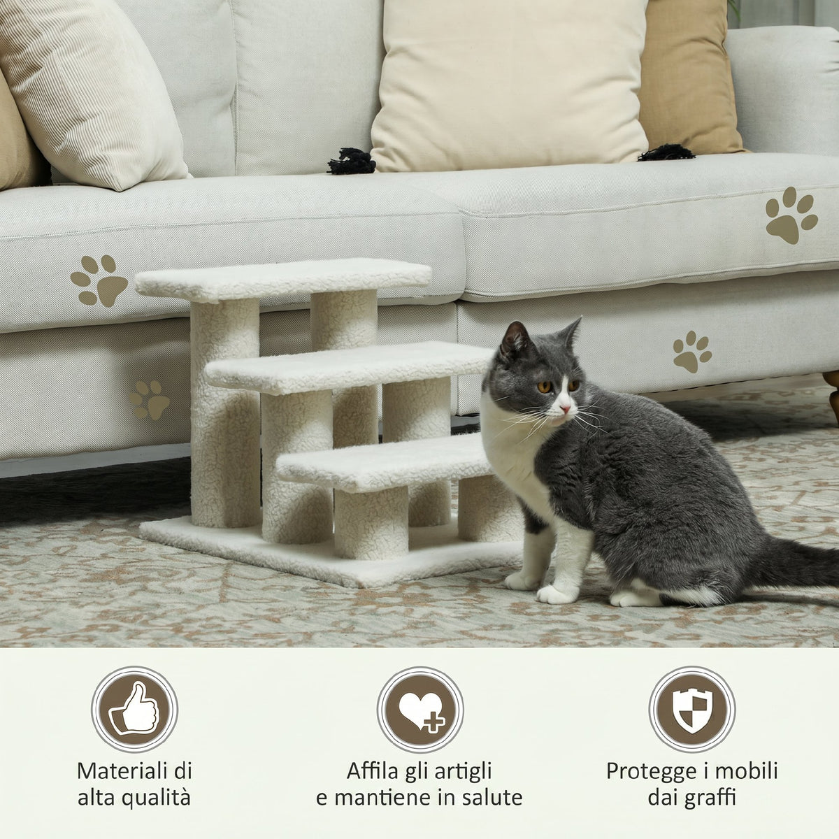 PawHut 3-Step Plush Dog and Cat Ladder, 45x35x34 cm, Beige