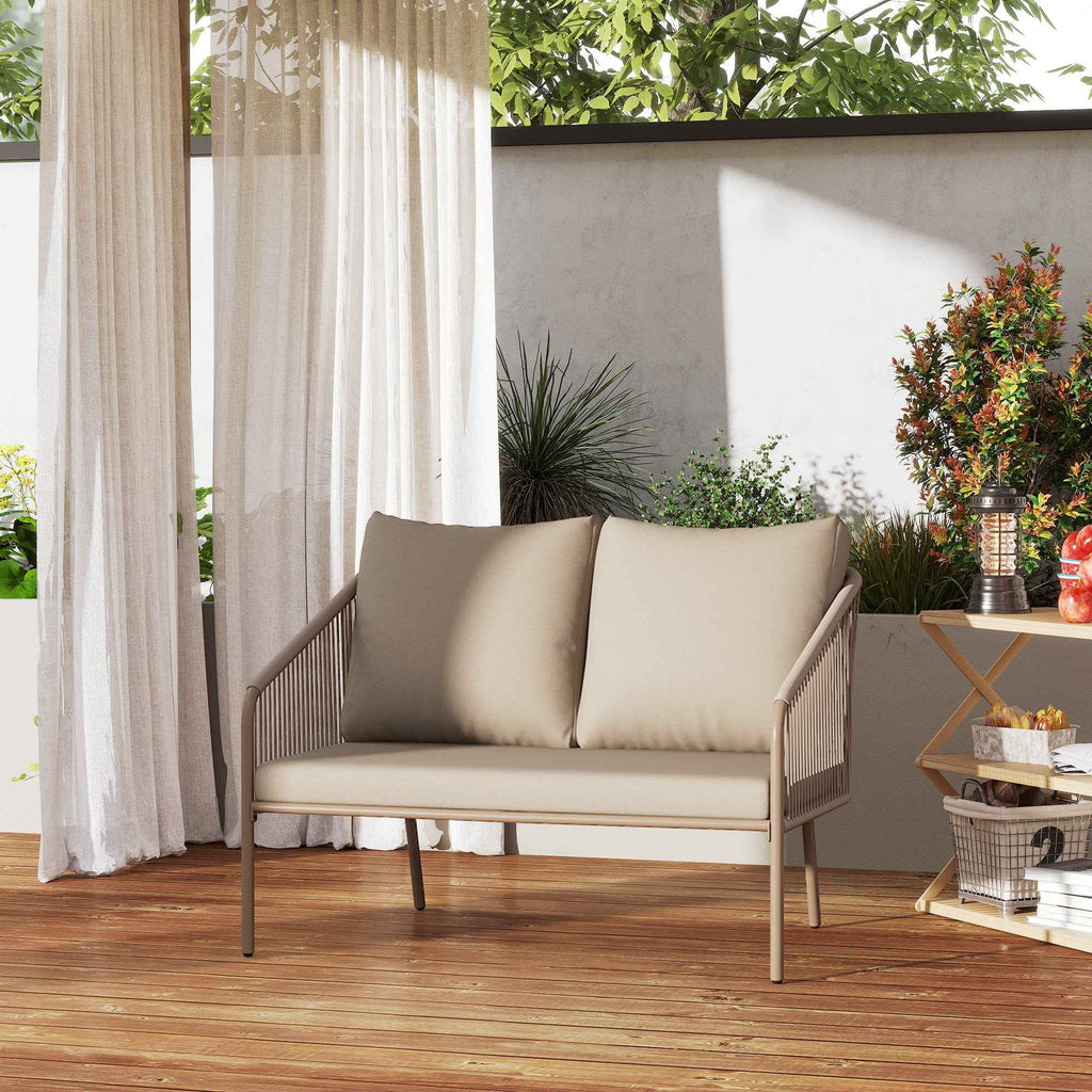 Outsunny 2-Seater Boho Style Garden Sofa in PE Rattan and Steel with Cushions, 112x72x76, Beige