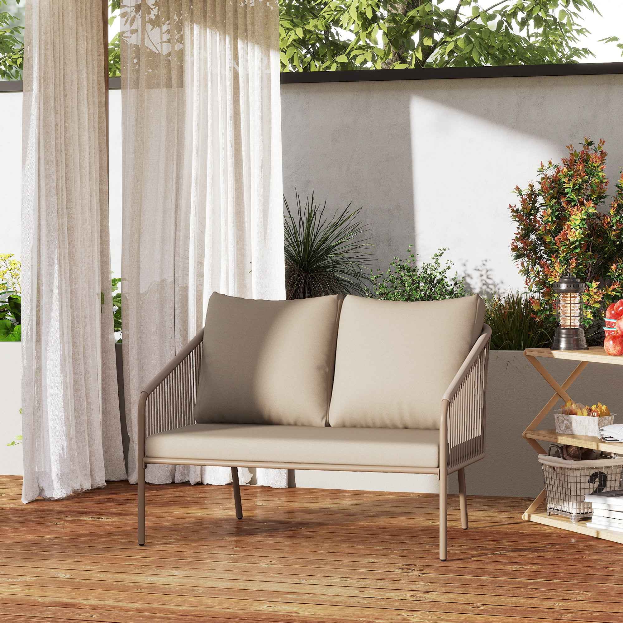 Outsunny 2-Seater Boho Style Garden Sofa in PE Rattan and Steel with Cushions, 112x72x76, Beige