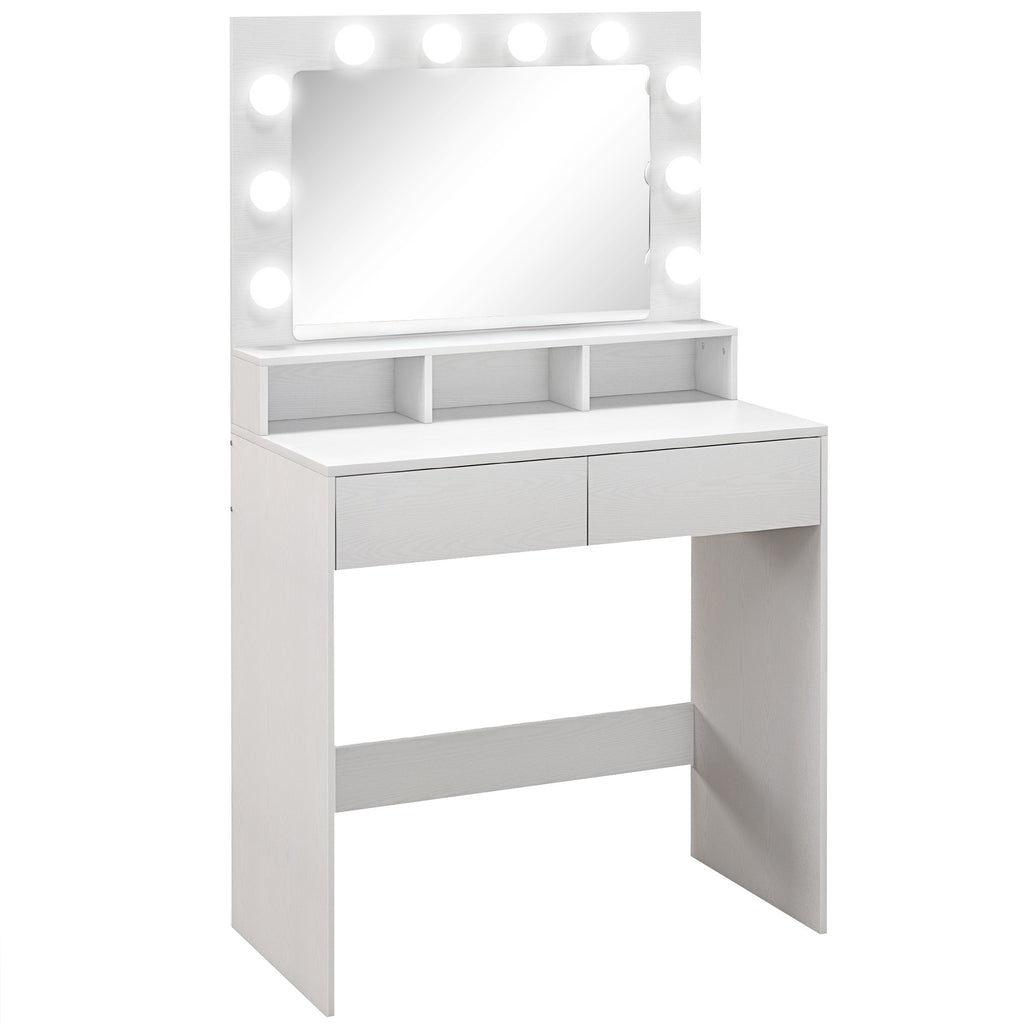 Dressing Table with Mirror and 10 Adjustable LED Lights, 2 Drawers and 3 Compartments, 80x40x135 cm, White