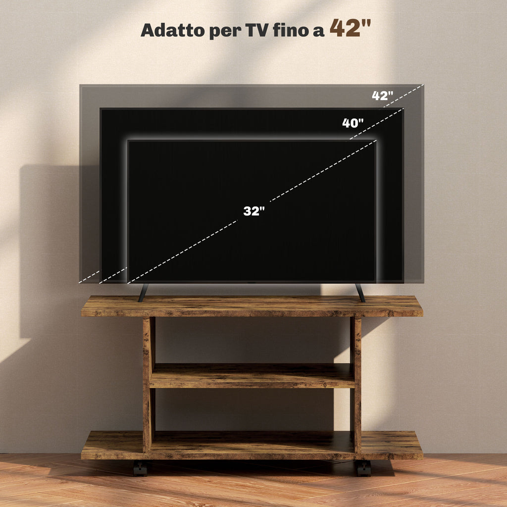 Modern TV Stand with Shelves, Swivel Wheels and Brakes, 80x40x40 cm, Rustic Brown