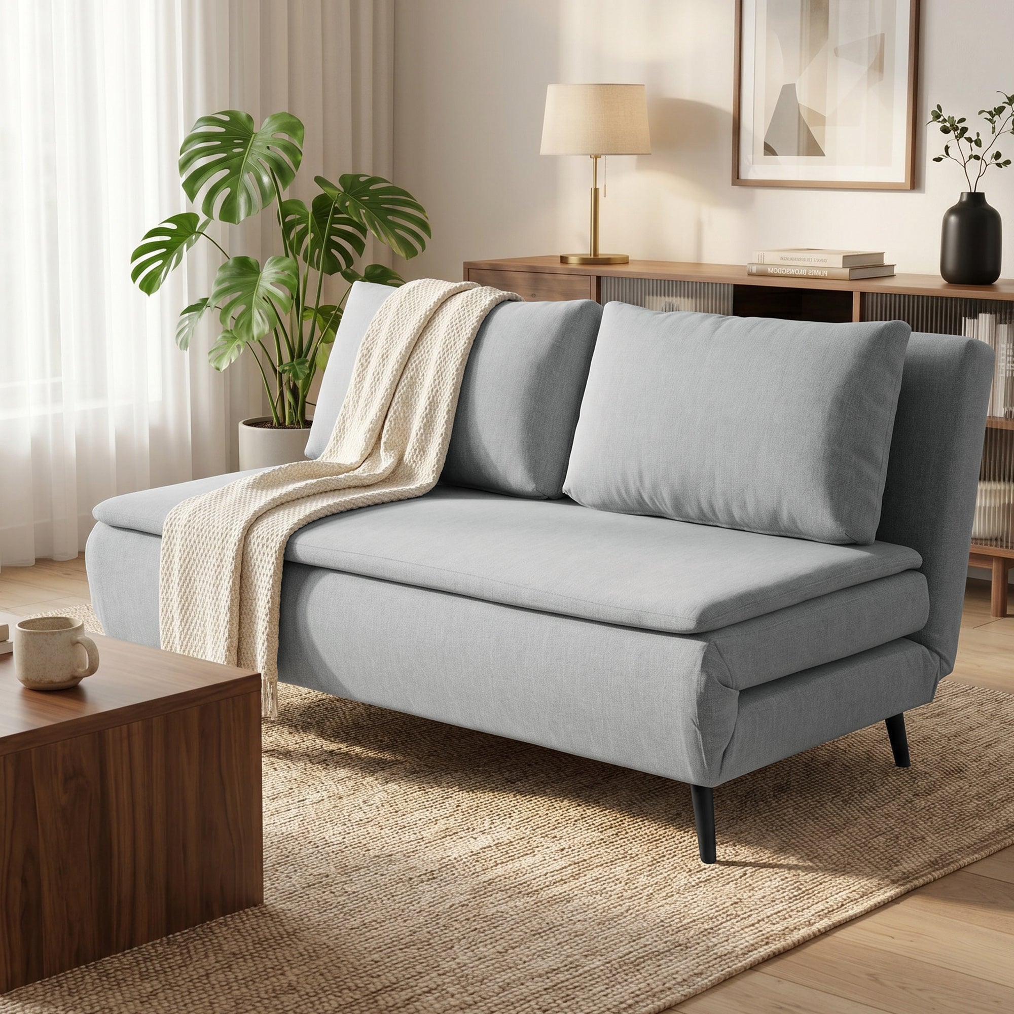 HOMCOM 3-in-1 2-Seater Sofa Bed in Linen Effect Fabric with 2 Cushions, Wood and Steel Frame, Light Grey
