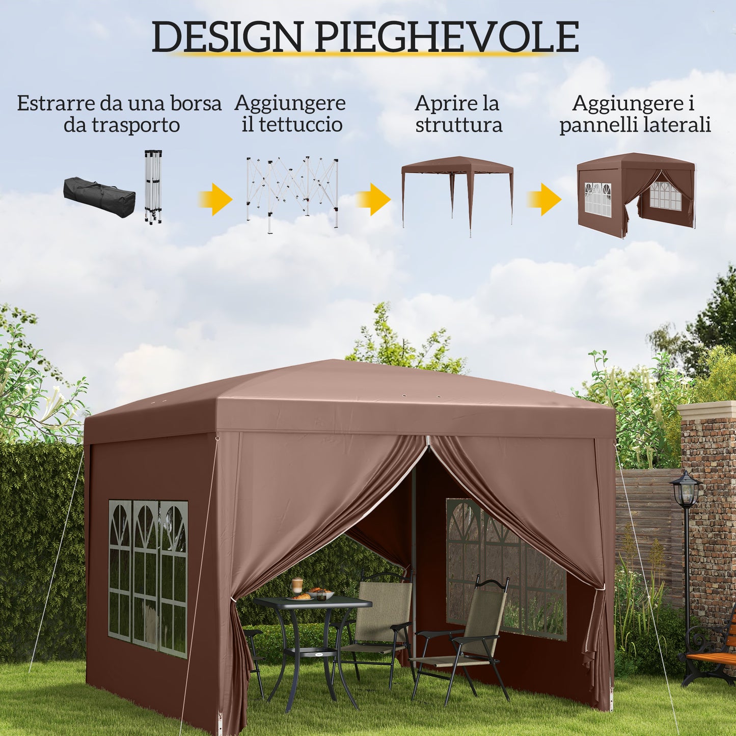 3x3m Folding Outdoor Gazebo with 4 Side Panels, in Steel and Oxford Fabric, Coffee Color