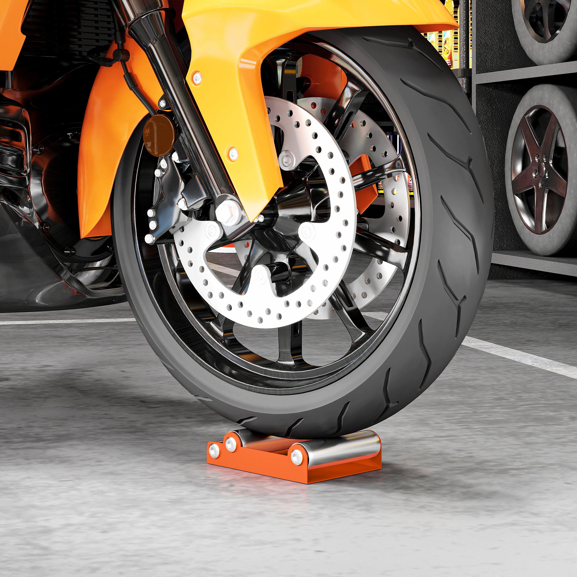 Motorcycle Stand with Non-Slip Support and 3 Rollers, Steel and Aluminum, 15x11.5x4 cm, Orange