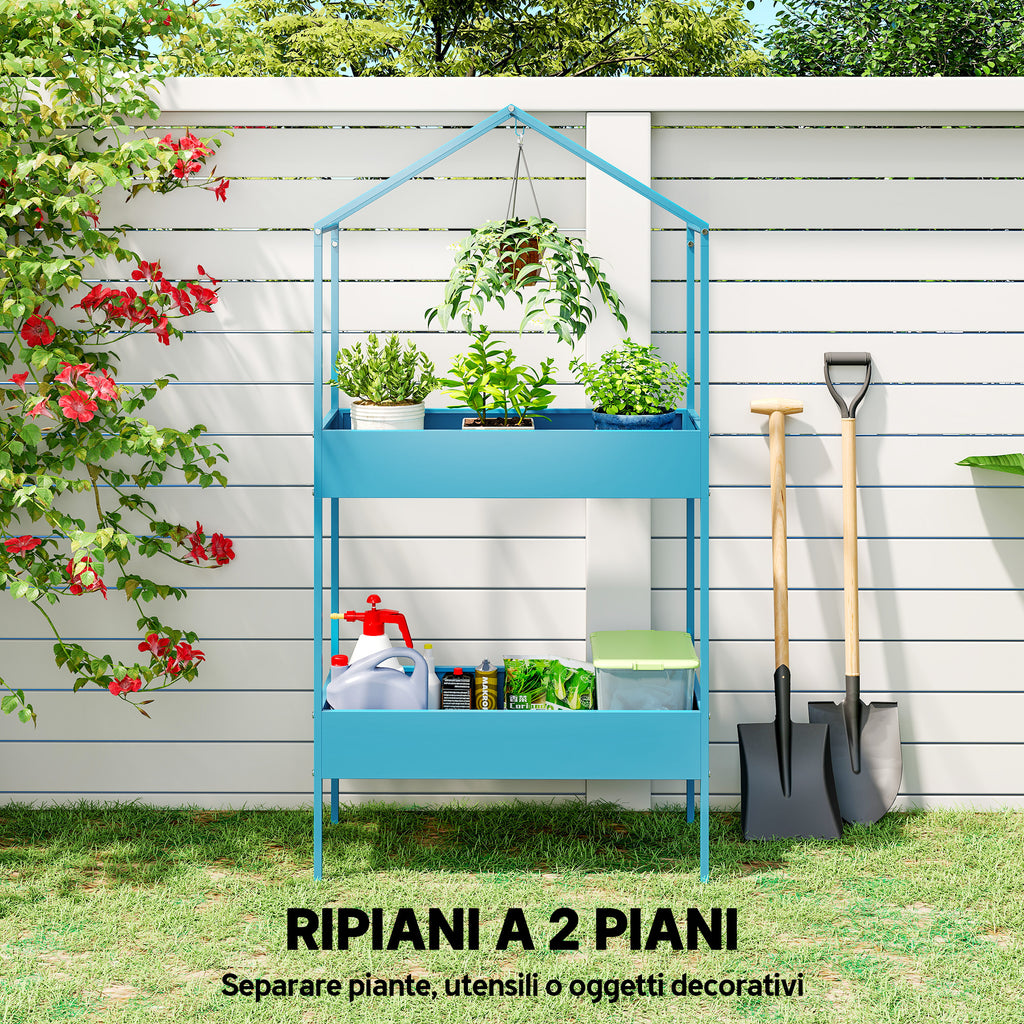 Outsunny 2-Tier Metal House Plant Stand with Hook, 75x35x150cm, Blue and Green