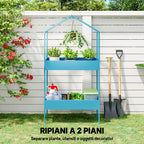 Outsunny 2-Tier Metal House Plant Stand with Hook, 75x35x150cm, Blue and Green