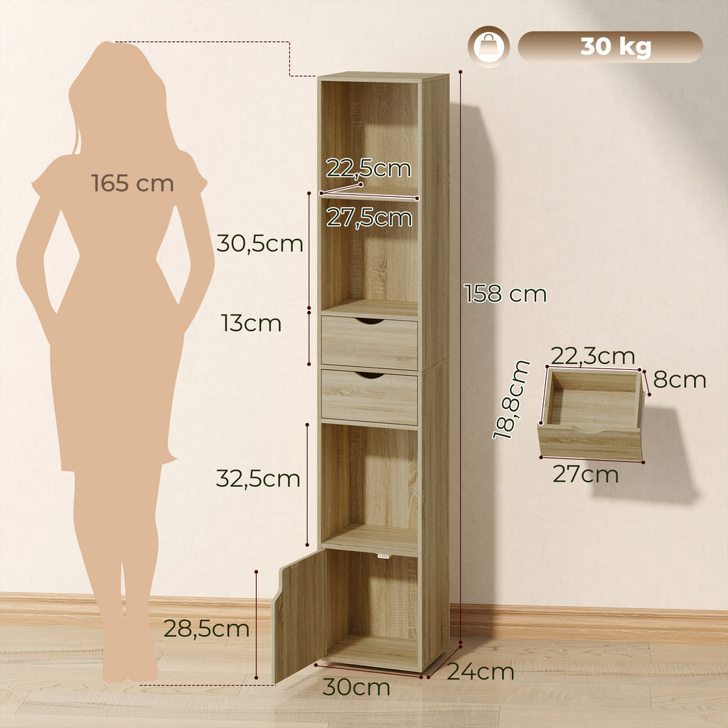 HOMCOM 6-Tier Bookcase with Drawer, Door, Open Shelves, 30x24x158 cm, Oak