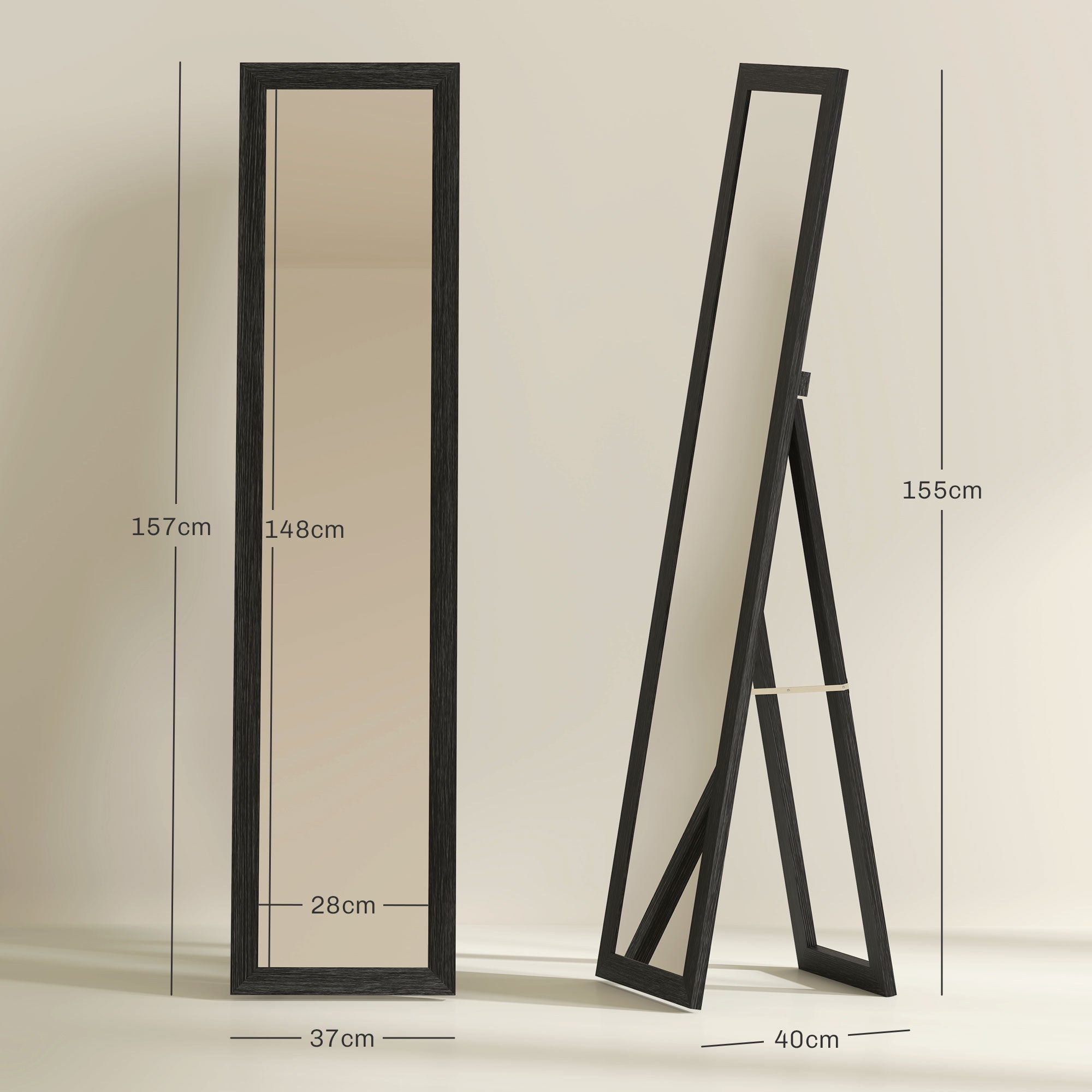 Wall and Freestanding Mirror with MDF Frame for Entrance, Living Room and Bedroom, Black