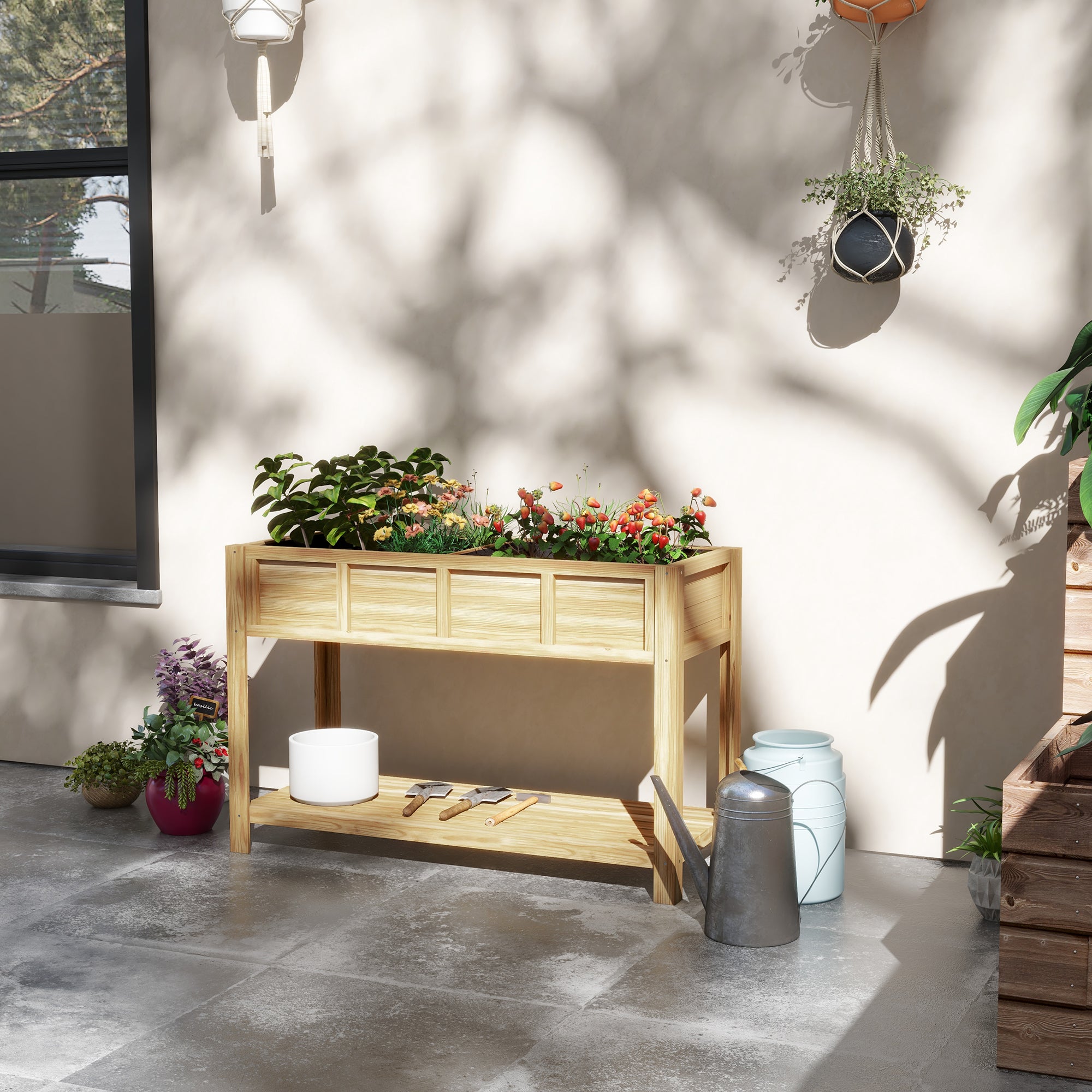 Outsunny Raised Wooden Planter with Bottom Shelf, Divider, Drainage Holes, 115x46x75 cm, Wood Color