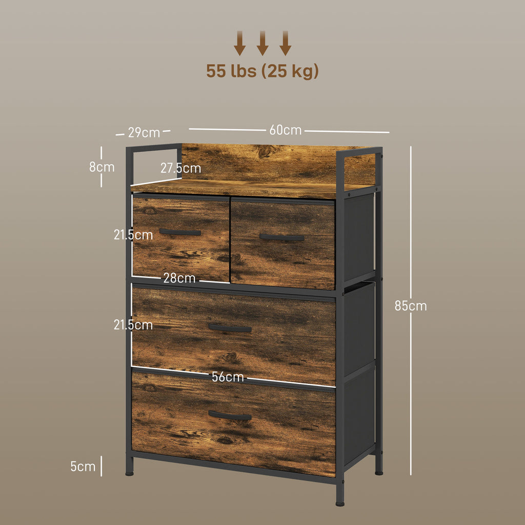 Chest of 4 Removable Drawers with Industrial Design in Wood and Steel, 60x29x85 cm, Brown and Black