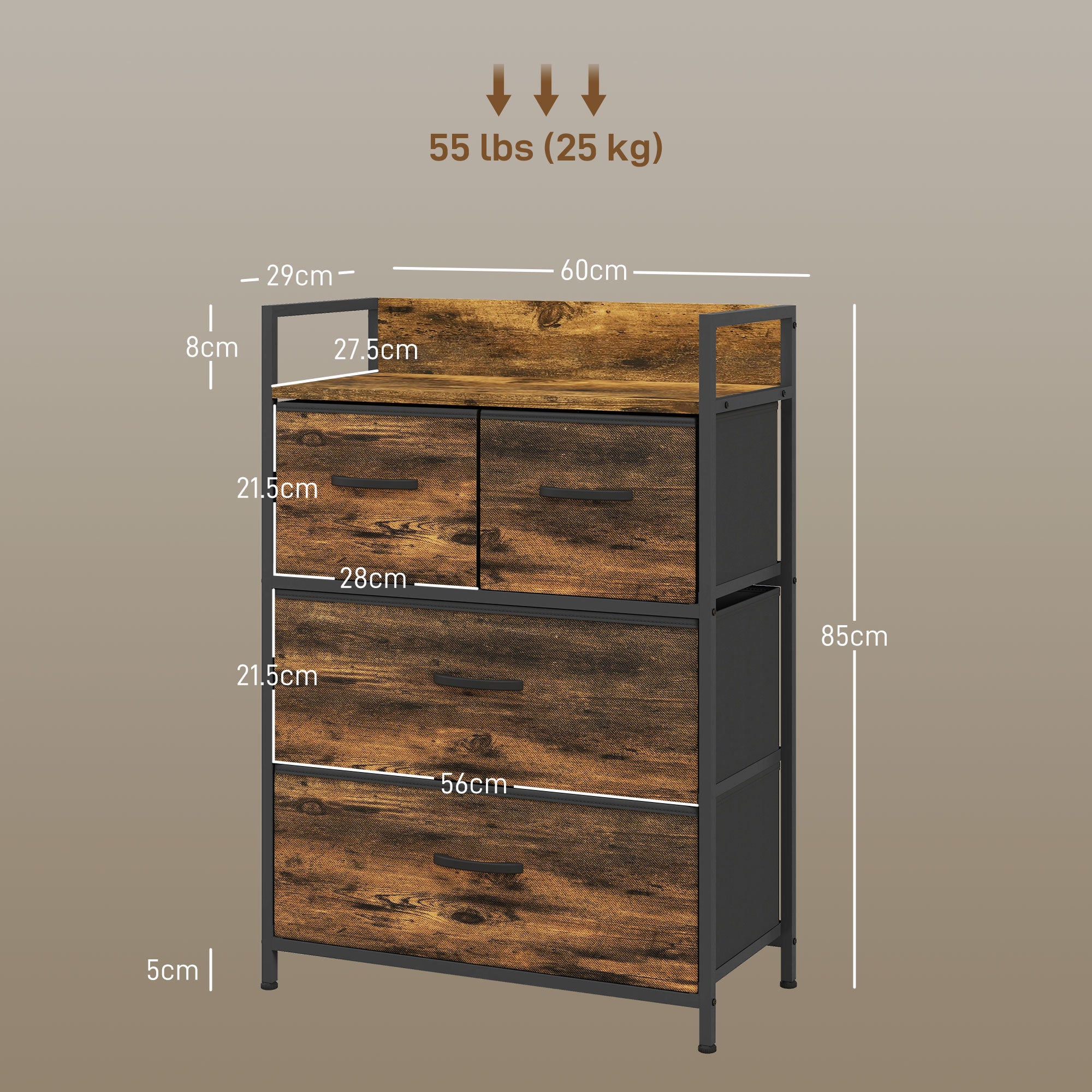 Chest of 4 Removable Drawers with Industrial Design in Wood and Steel, 60x29x85 cm, Brown and Black