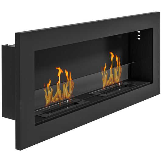 HOMCOM Built-in Bioethanol Fireplace in Stainless Steel, 2 Burners of 0.85L for 3 Hours of Duration, 90x15x40cm, Black