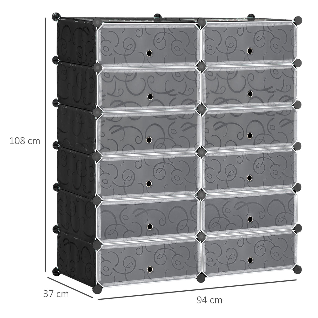 Space-Saving Modular Shoe Rack, 12 Cubes 45x35x16 cm in Steel and PP, Black and White