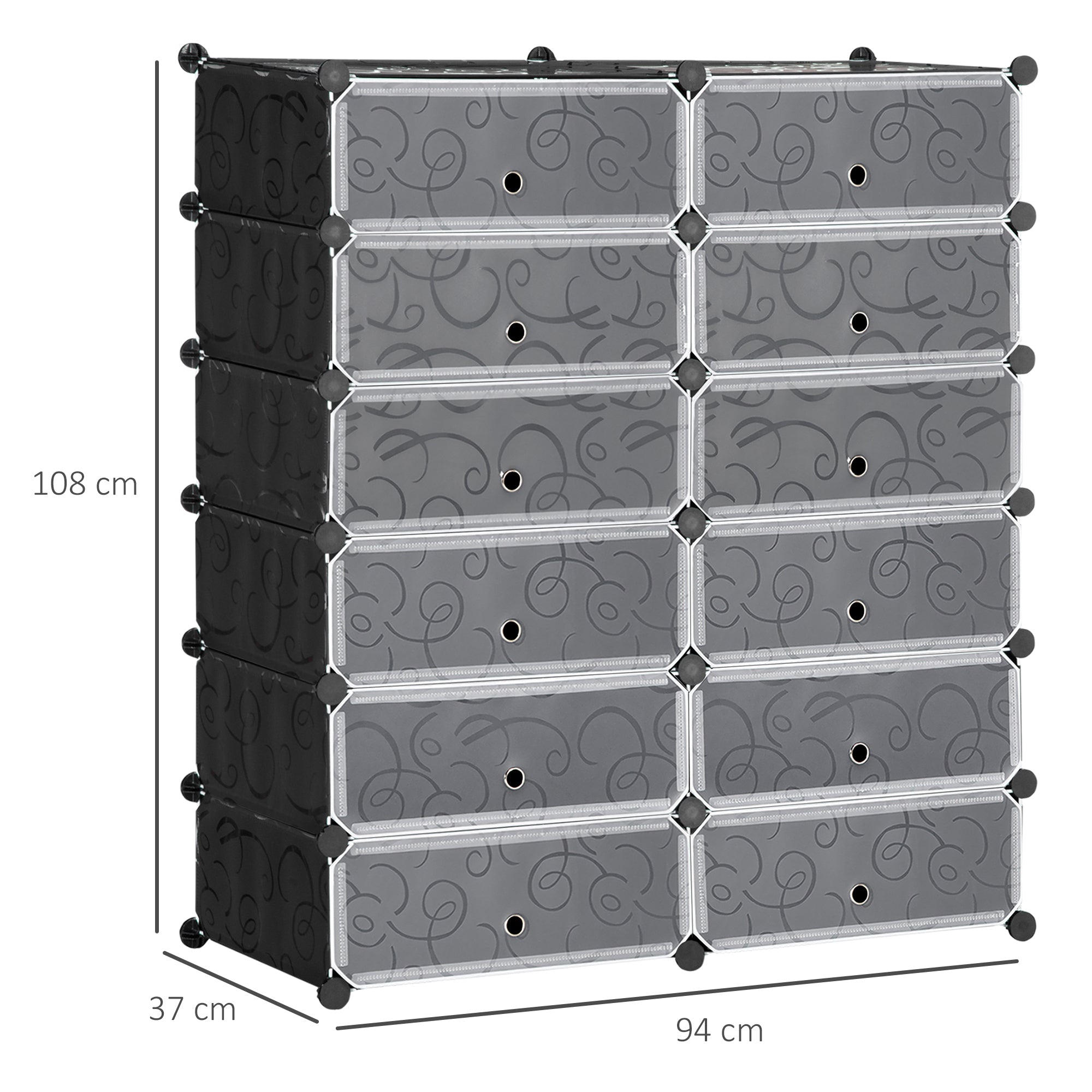 Space-Saving Modular Shoe Rack, 12 Cubes 45x35x16 cm in Steel and PP, Black and White