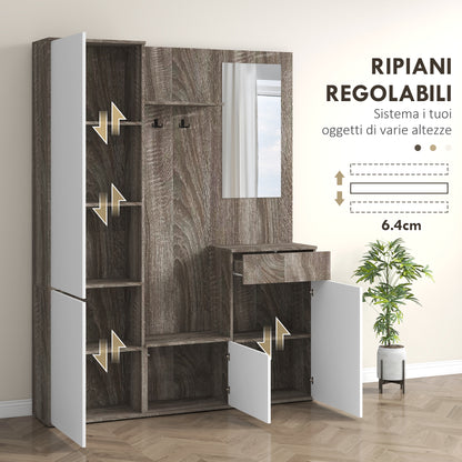 Hallway Cabinet 4 in 1 with Mirror, Hooks and Internal Shelves, Wooden, 145x29x184 cm, Black and White