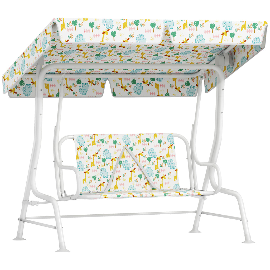 2-Seater Outdoor Children's Swing with Adjustable Canopy and Safety Belts, 112x75x120 cm, White2-Seater Outdoor Children's Swing with Adjustable Canopy and Safety Belts, 112x75x120 cm, White