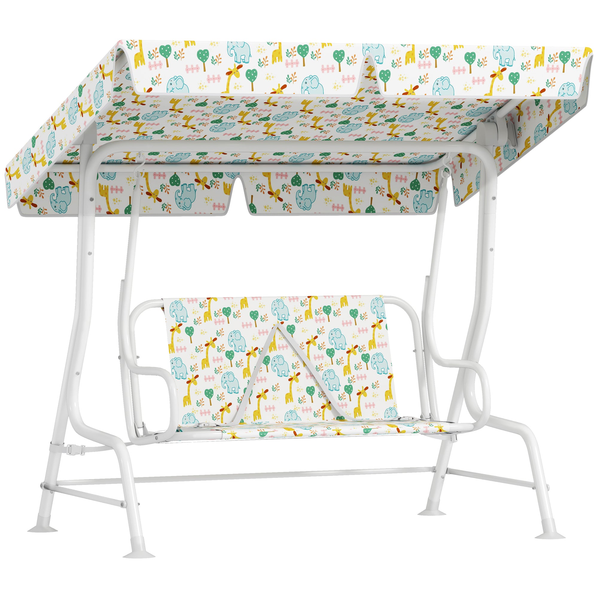 2-Seater Outdoor Children's Swing with Adjustable Canopy and Safety Belts, 112x75x120 cm, White2-Seater Outdoor Children's Swing with Adjustable Canopy and Safety Belts, 112x75x120 cm, White