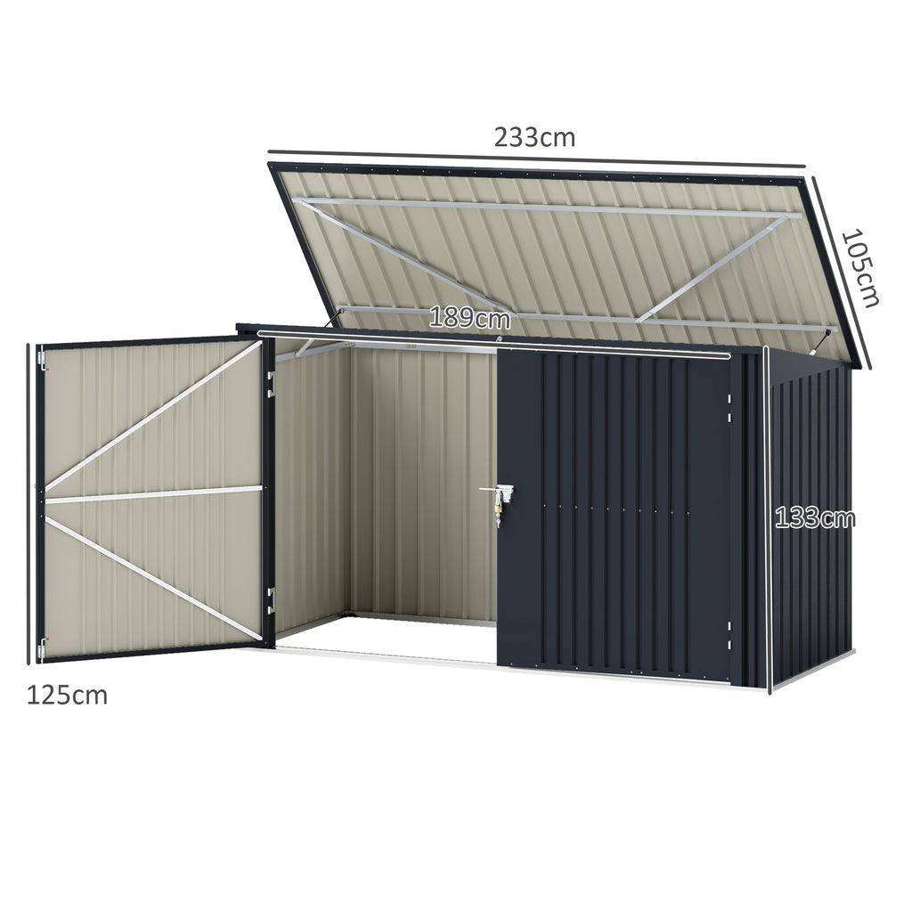 Steel Bin Covers for 3 240L Bins with 2 Doors and Lid, 233x105x118.5/133 cm, Dark Gray