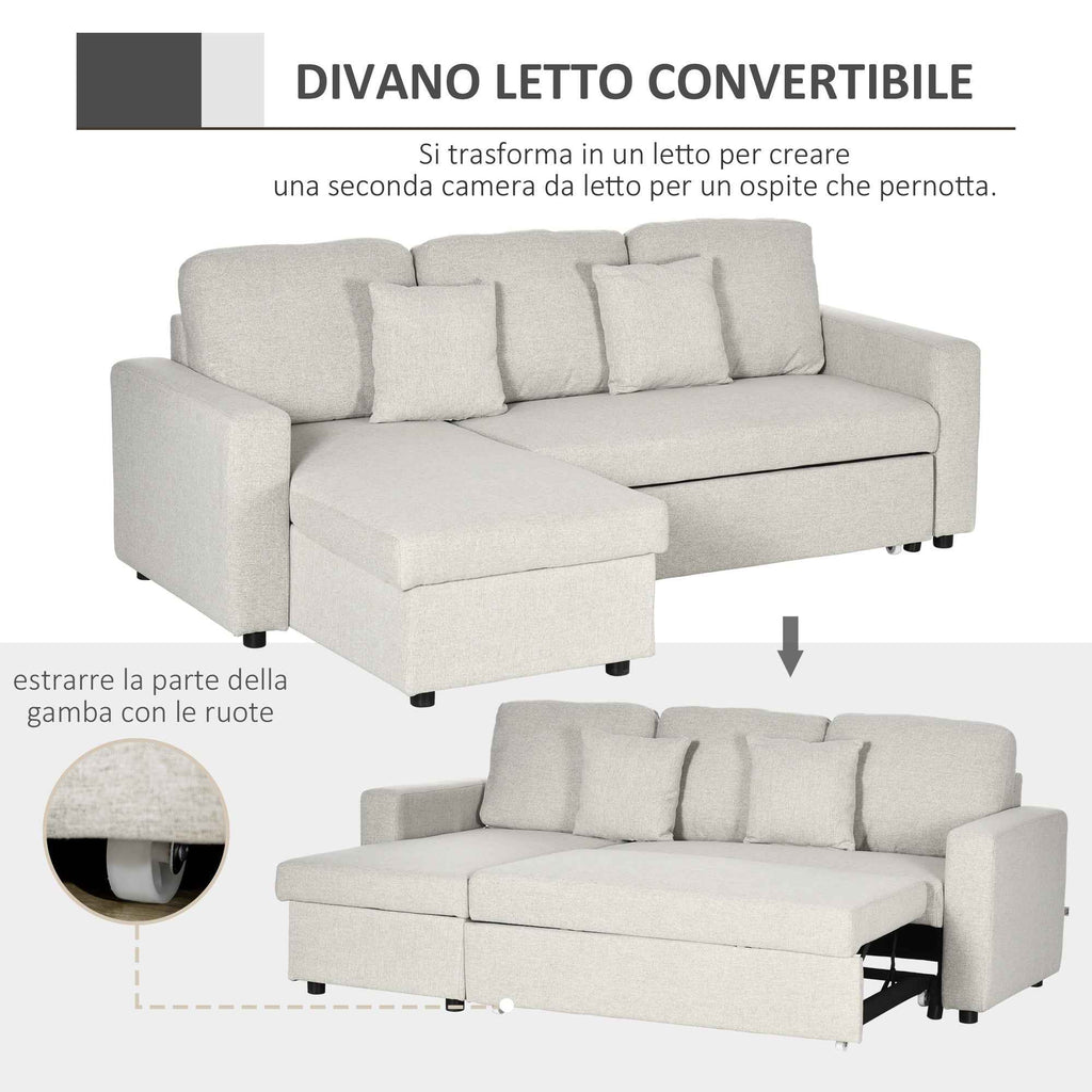 Corner Sofa Bed with 2 Seater Seat and Peninsula, Storage Compartment and 2 Fabric Cushions, Cream