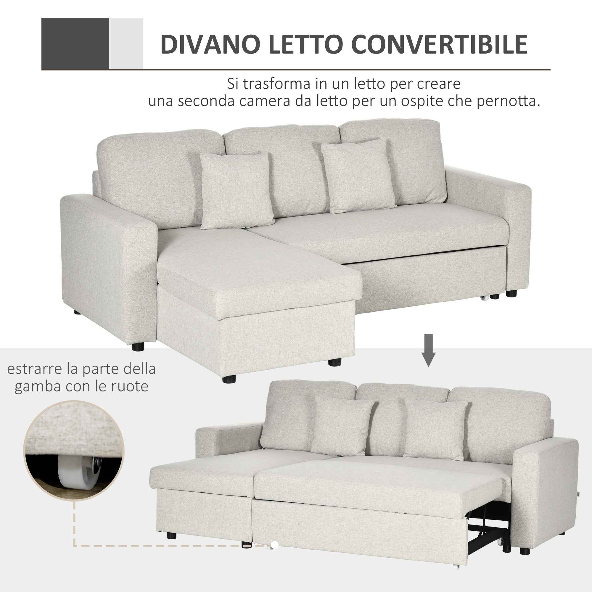 Corner Sofa Bed with 2 Seater Seat and Peninsula, Storage Compartment and 2 Fabric Cushions, Cream
