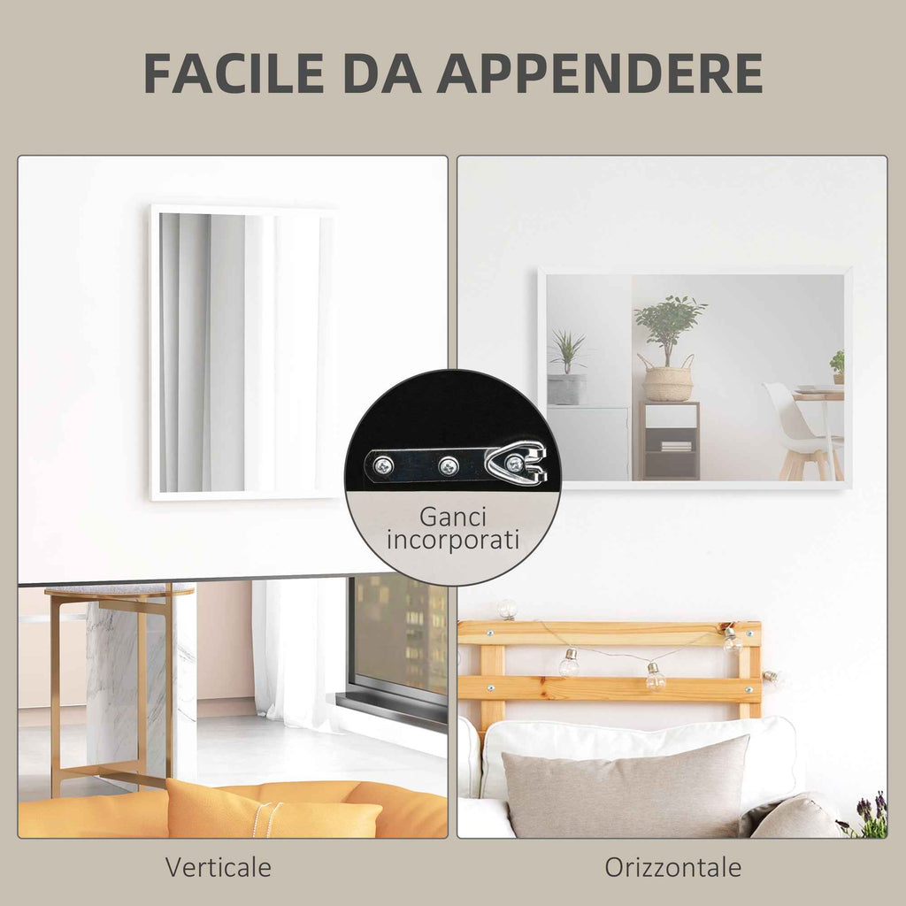 HOMCOM Rectangular Wall Mirror with Hooks, Glass and MDF, 50x70 cm, White