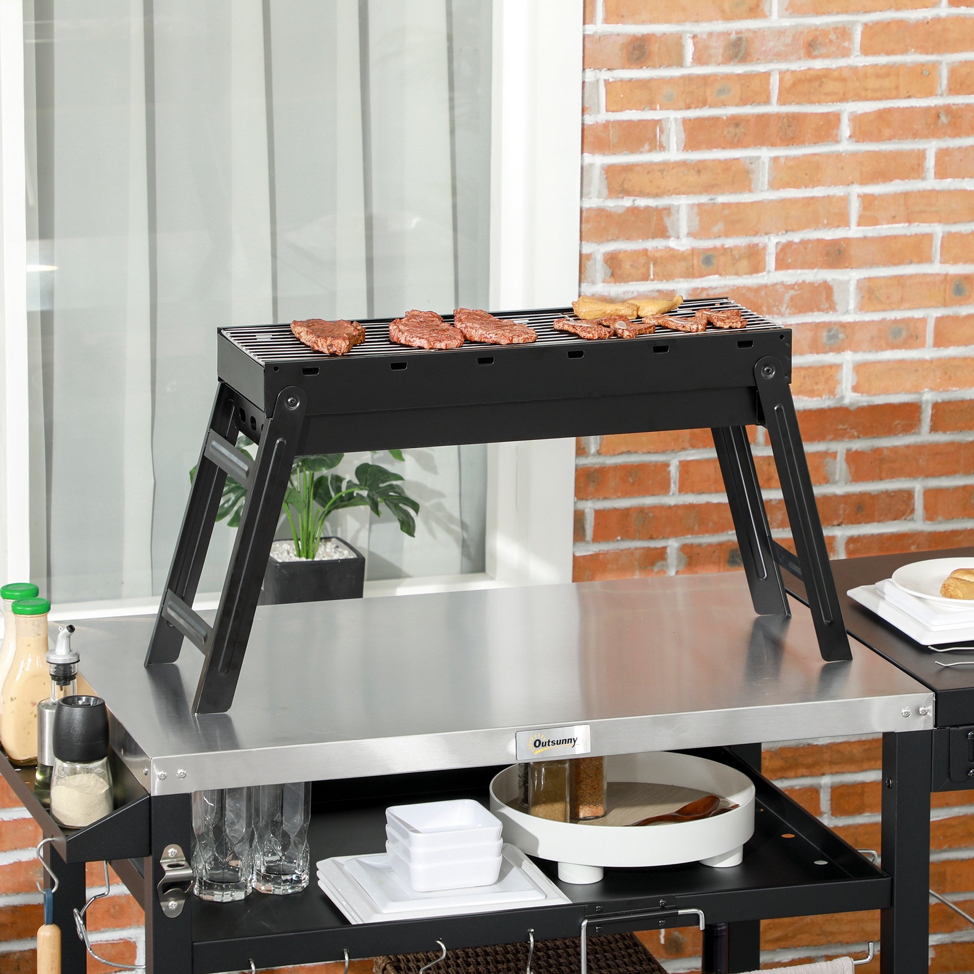 Outsunny Portable Charcoal Barbecue with Folding Legs and Removable Tray, 74x20x38cm, Black - Borgè