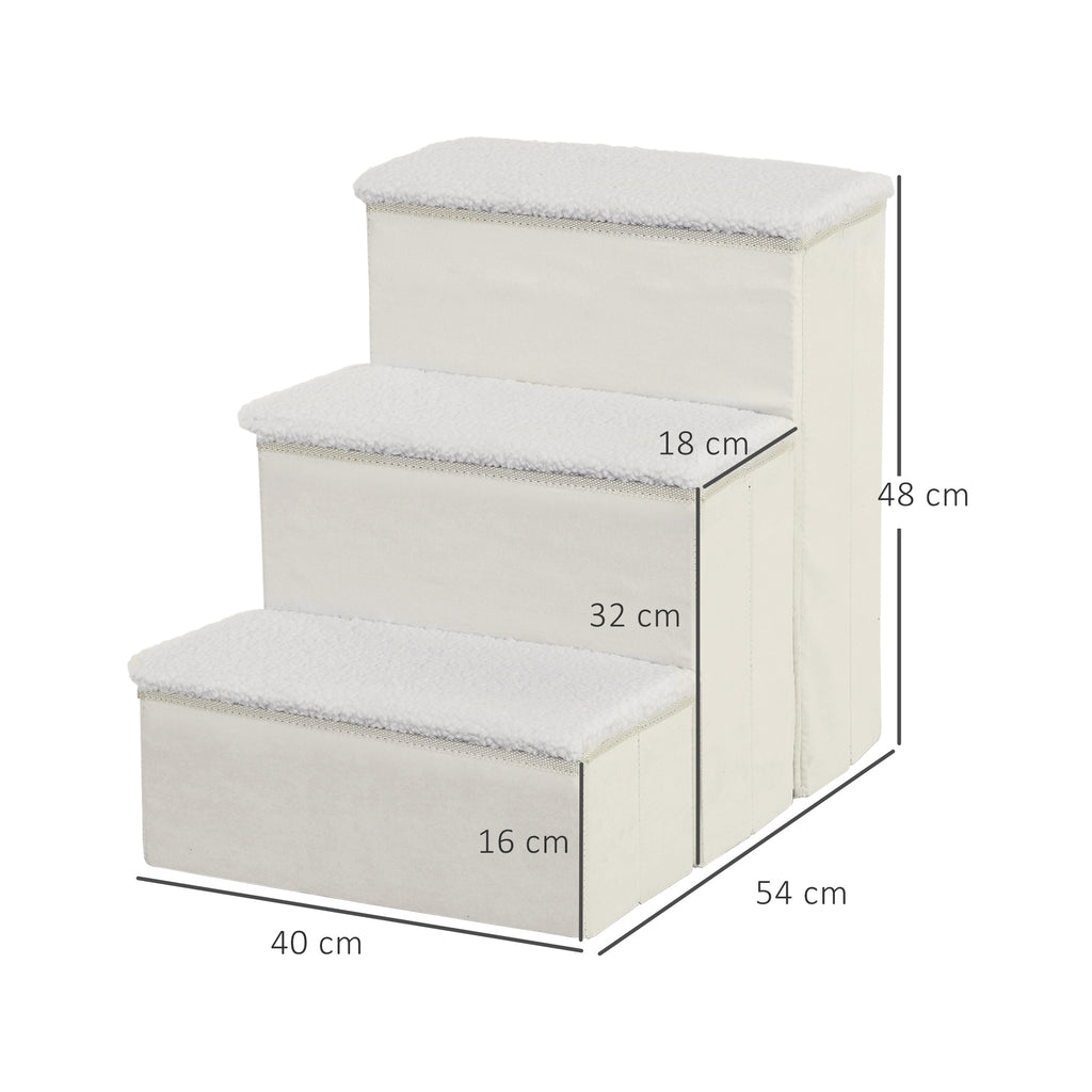 3-Step Dog Stairs with Storage Compartment, Foldable and Washable, 40x54x48 cm, White