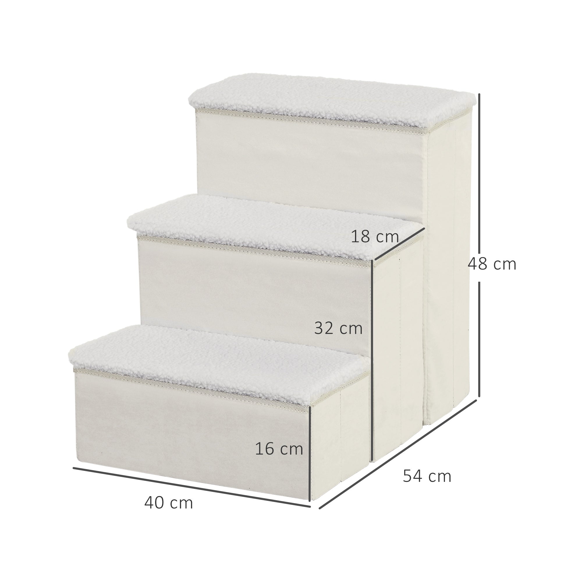 3-Step Dog Stairs with Storage Compartment, Foldable and Washable, 40x54x48 cm, White