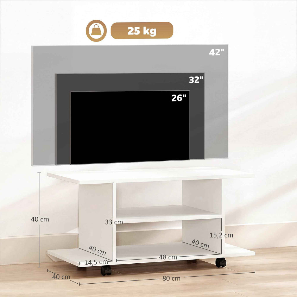HOMCOM Modern TV Stand with Shelves, Swivel Wheels and Brakes, 80x40x40 cm, White