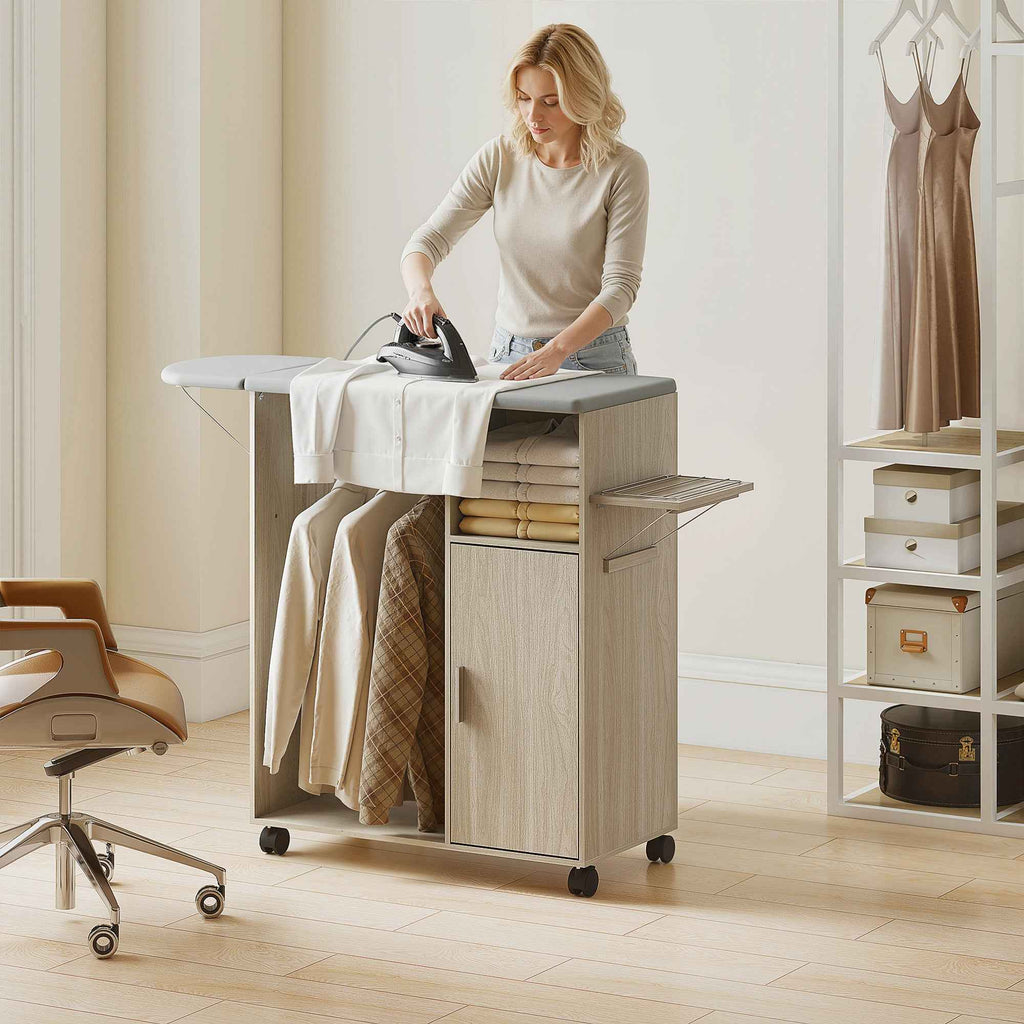 HOMCOM Mobile Ironing Board with Linen Effect Support Surface, 3 Cube Shelves and Rail, 127x42.5x99 cm, Multicolor