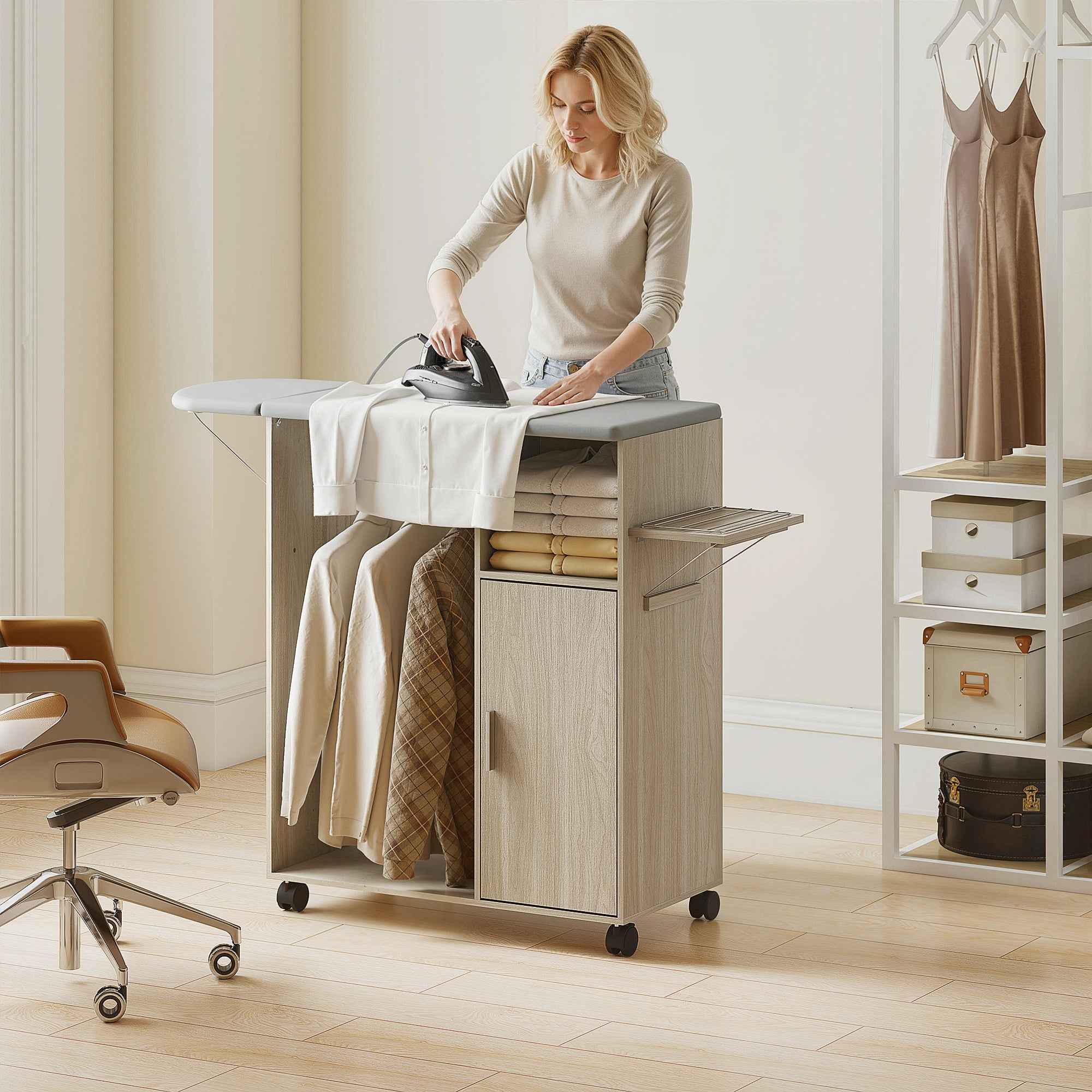 HOMCOM Mobile Ironing Board with Linen Effect Support Surface, 3 Cube Shelves and Rail, 127x42.5x99 cm, Multicolor