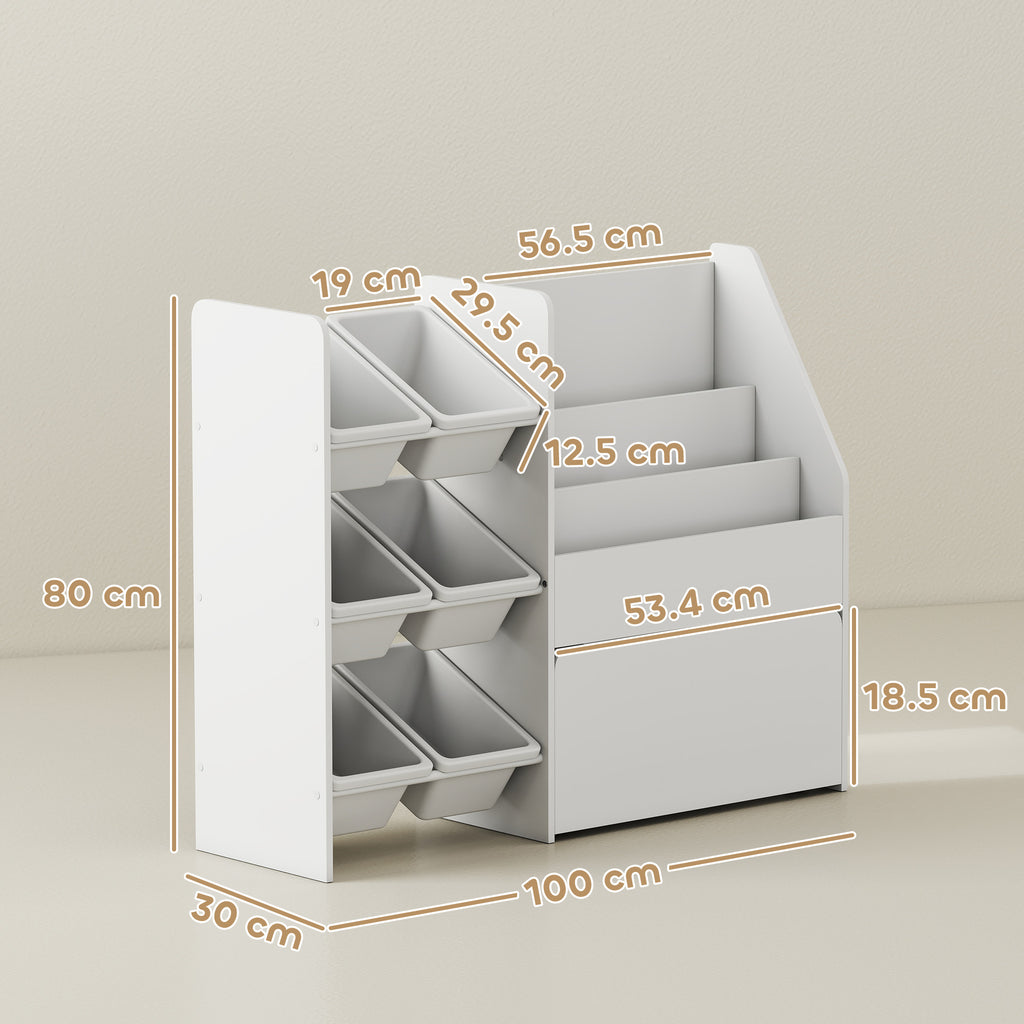 Toy Storage Shelf with 6 Baskets, 3 Shelves and Bottom Box, Made of Wood, Plastic and Steel, 100x30x80 cm, White