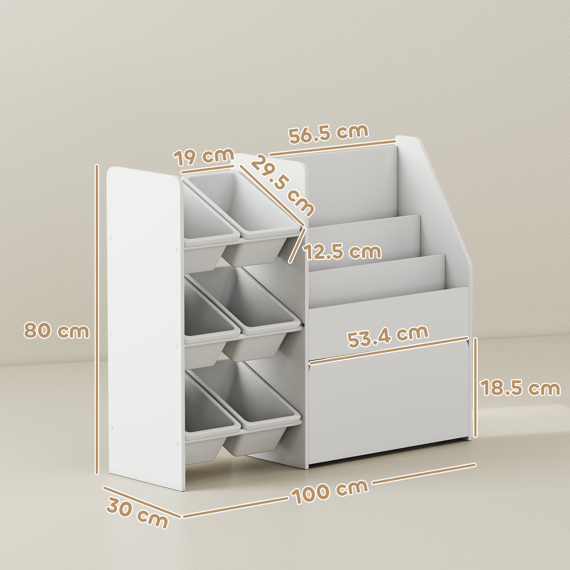 Toy Storage Shelf with 6 Baskets, 3 Shelves and Bottom Box, Made of Wood, Plastic and Steel, 100x30x80 cm, White