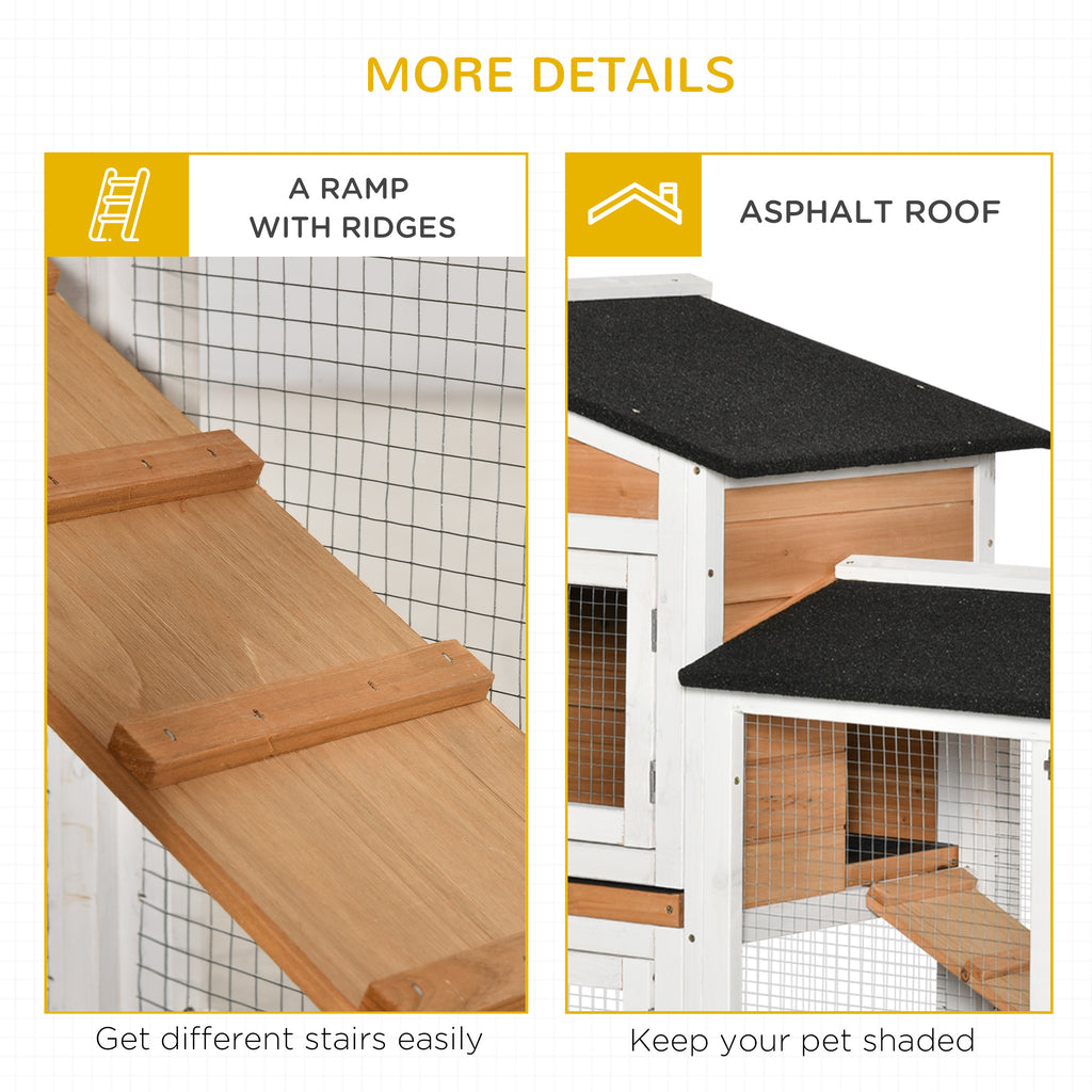 2-Tier Rabbit Hutch with Protective Net, Made of Wood, Metal and Tar, 157.4x53x99.5 cm, Yellow White and Black